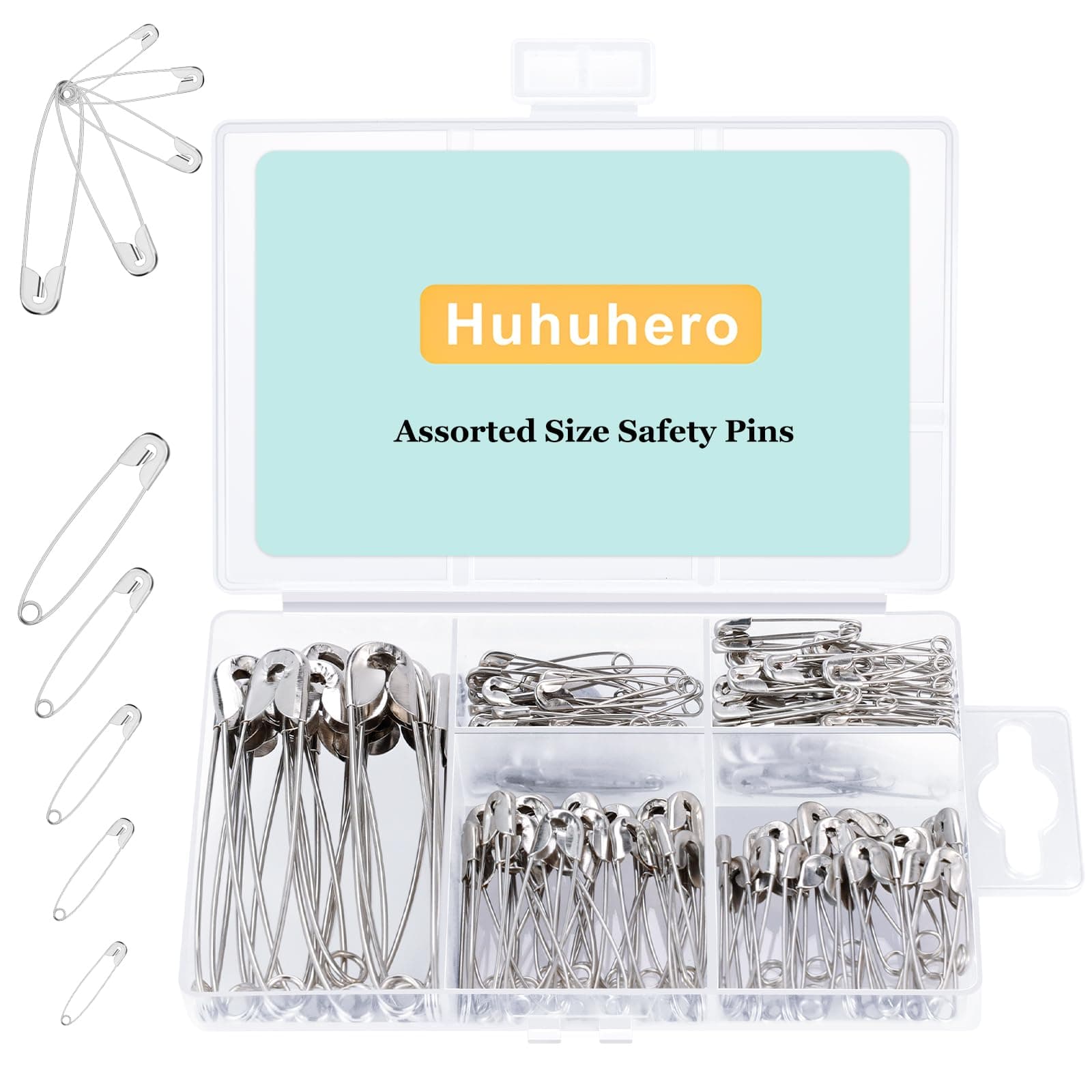 Huhuhero 160Pcs Safety Pins, Large & Small Safety Pins for Clothes Sewing Craft, Nickel Plated Steel Assorted Size Pins Bulk, Art and Craft Supplies (Sliver)
