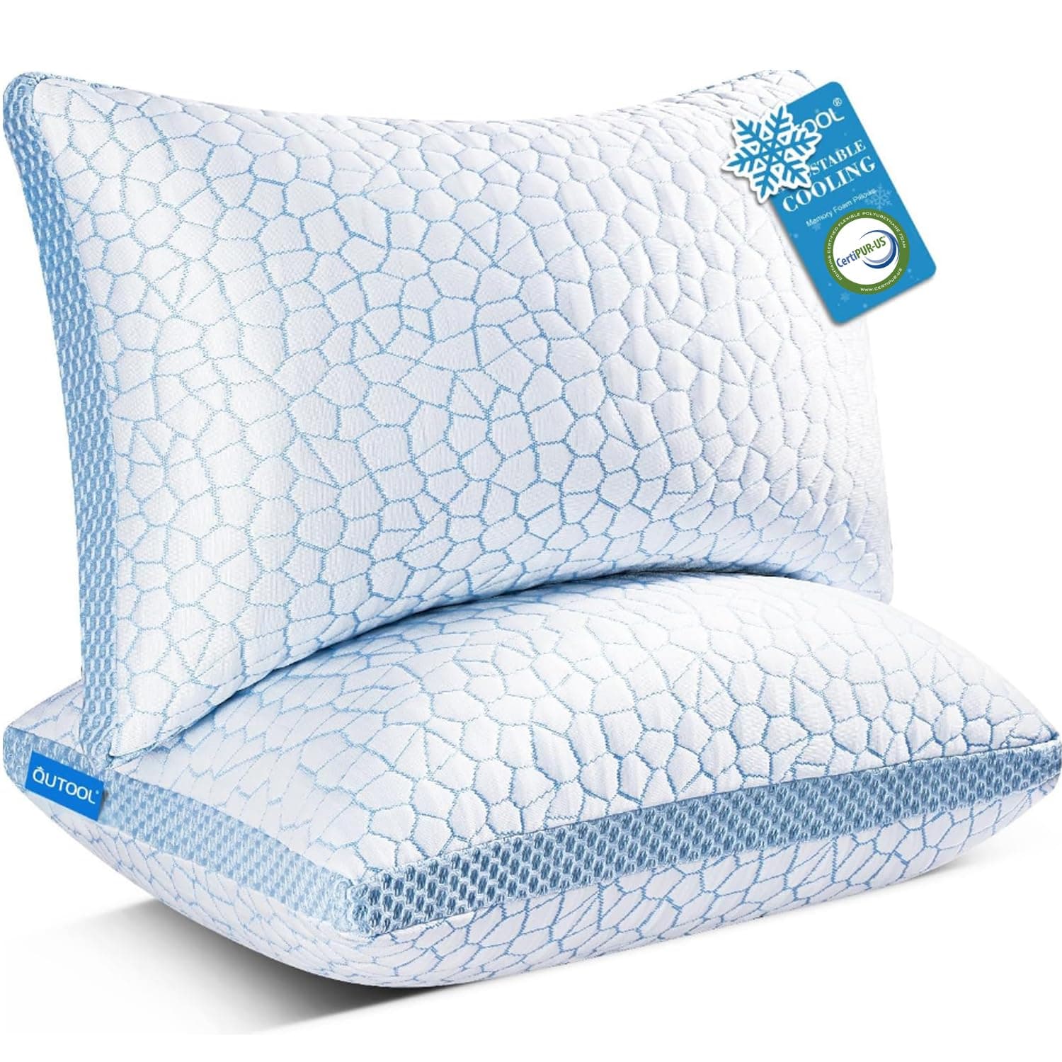 QUTOOL Enhanced Cooling Pillows for Sleeping, CertiPUR-US Shredded Memory Foam Pillows Standard Size Set of 2 for Hot Sleeper, Adjustable Pillow for Side, Back, Stomach Sleepers Support Yet Soft, Blue