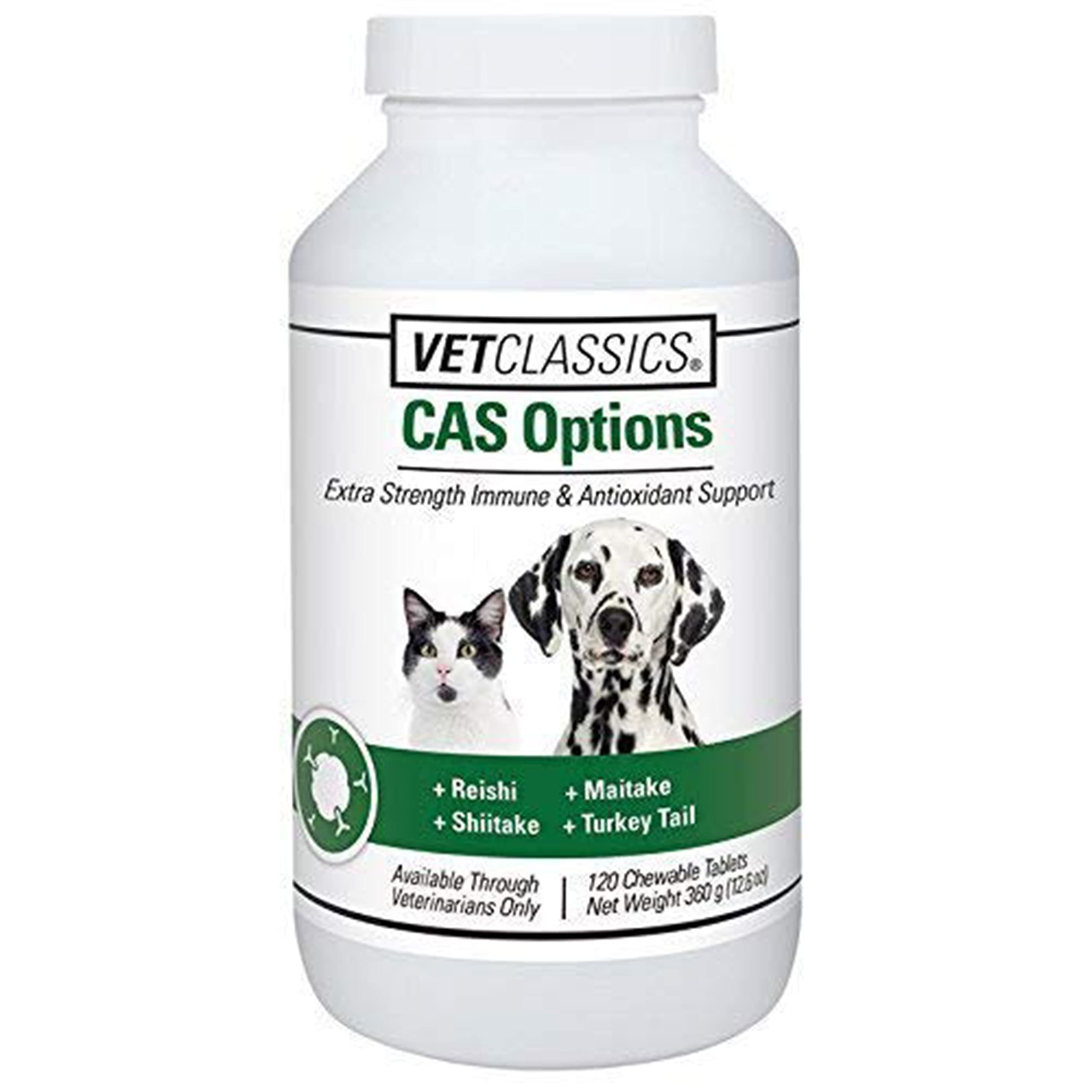 - Vet Classics CAS Options Extra Strength Immune Support for Dogs, Cats – Pet Health Supplement, Dog Antioxidant Care – Extra-Strength Dog Supplement Formula – 120 Chewable Tablets