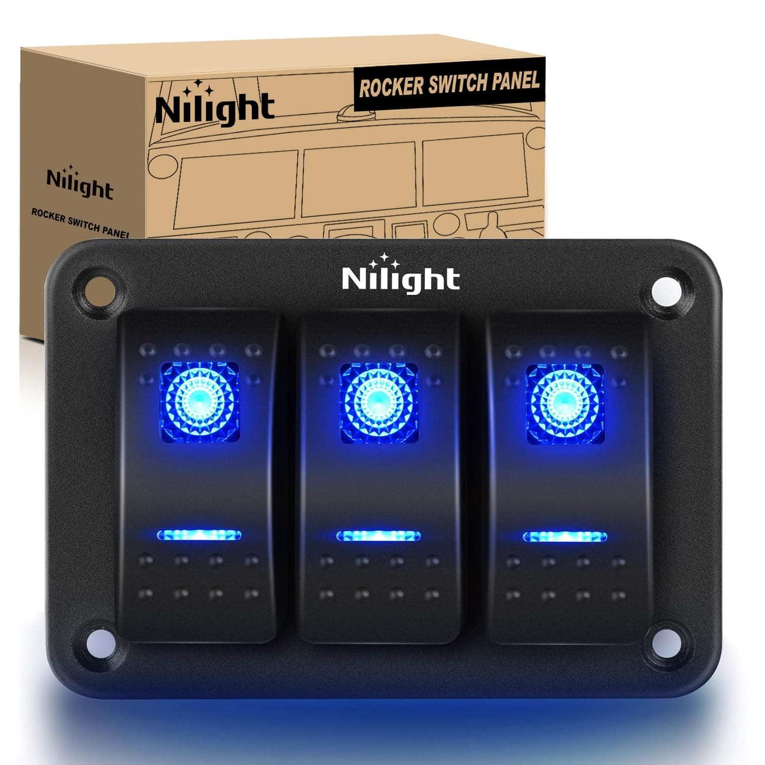 Nilight 90017C 3 Gang Aluminum Panel Toggle Dash 5 Pin On/Off Pre-Wired Rocker Switch Holder for Automotive Car Marine Boat, 2 Years Warranty,Blue