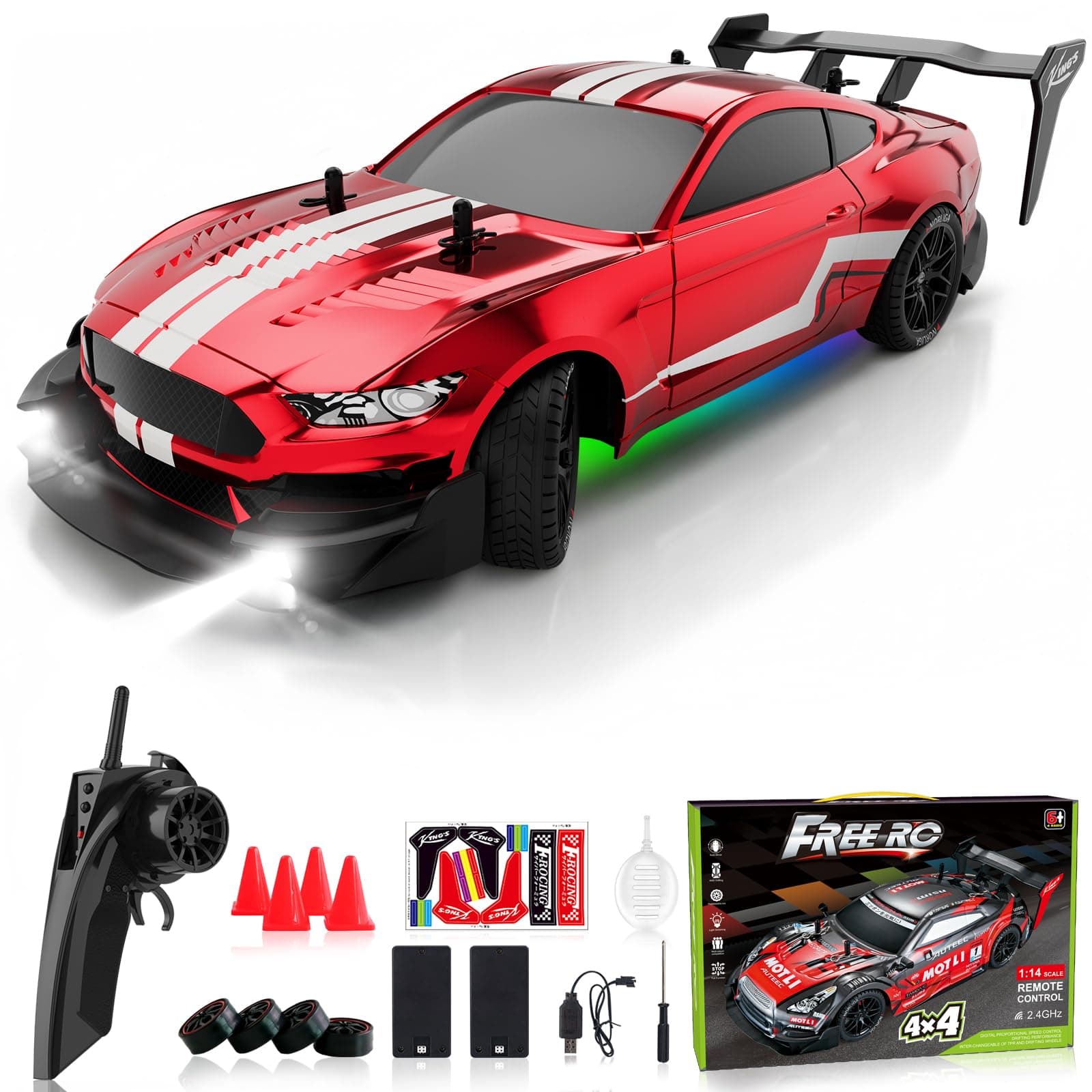 Remote Control Car RC Drift Car 1:16 Scale 4WD RC Car with LED Lights 2.4GHz 30km/h RTR High Speed Racing Sport Toy Car for Adults Boys Girls Kids Gift 2Pcs Rechargeable Battery