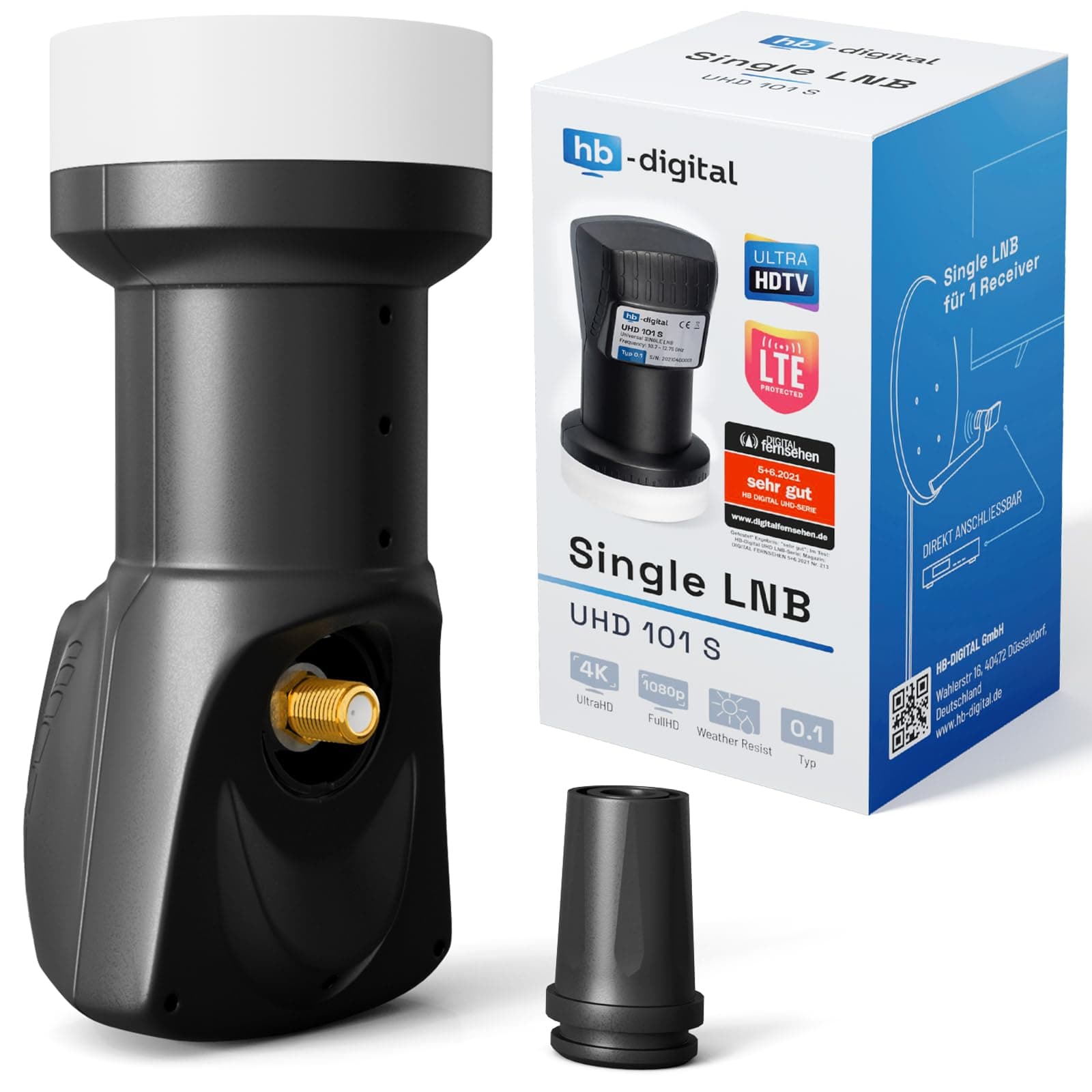 hb-digital Single LNB (Test Very Good) LNC Head 1 Subscriber Direct LTE Protected Satellite Digital Satellite Full HD TV 3D 4K UHD Contacts Gold-Plated Weather Protection Black
