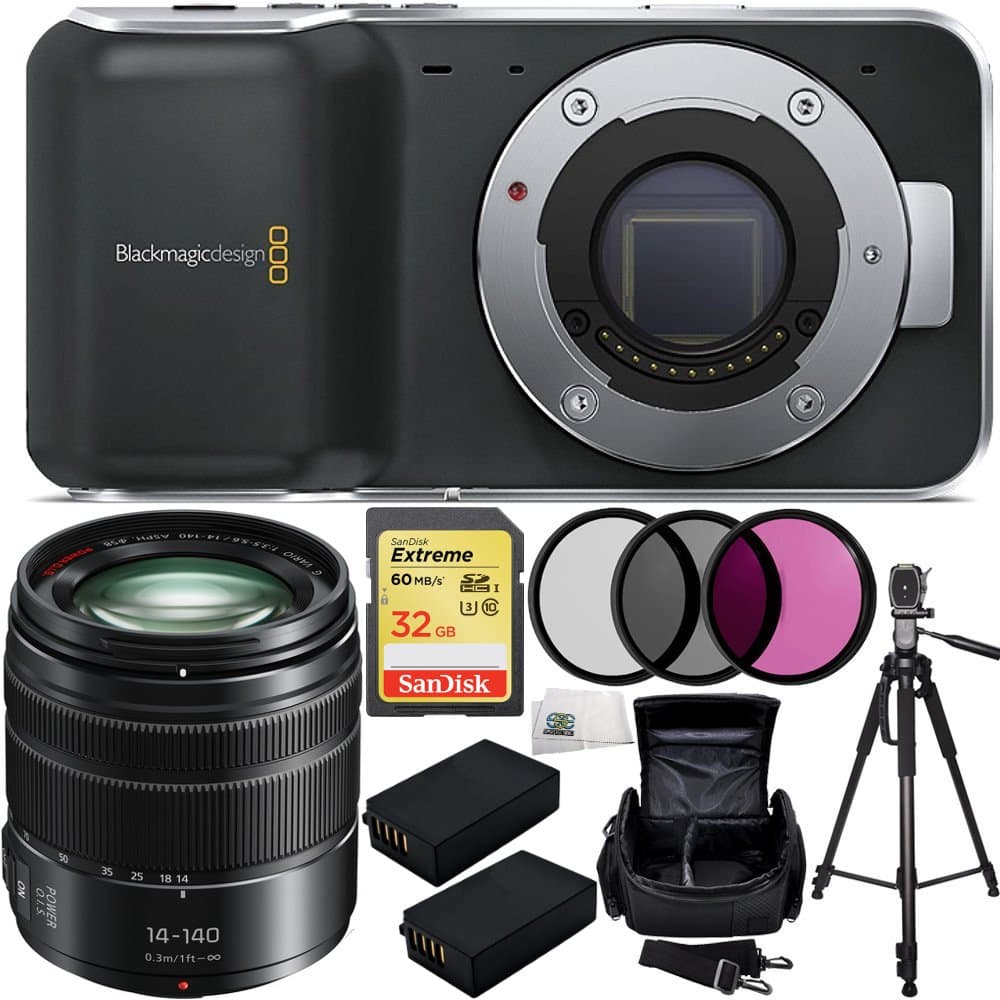 Blackmagic Pocket Cinema Camera w/Micro Four Thirds Lens Mount & Panasonic Lumix G Vario 14-140mm f/3.5-5.6 ASPH. Power O.I.S. Lens (Matte Black) 32GB Bundle 9PC Accessory Kit