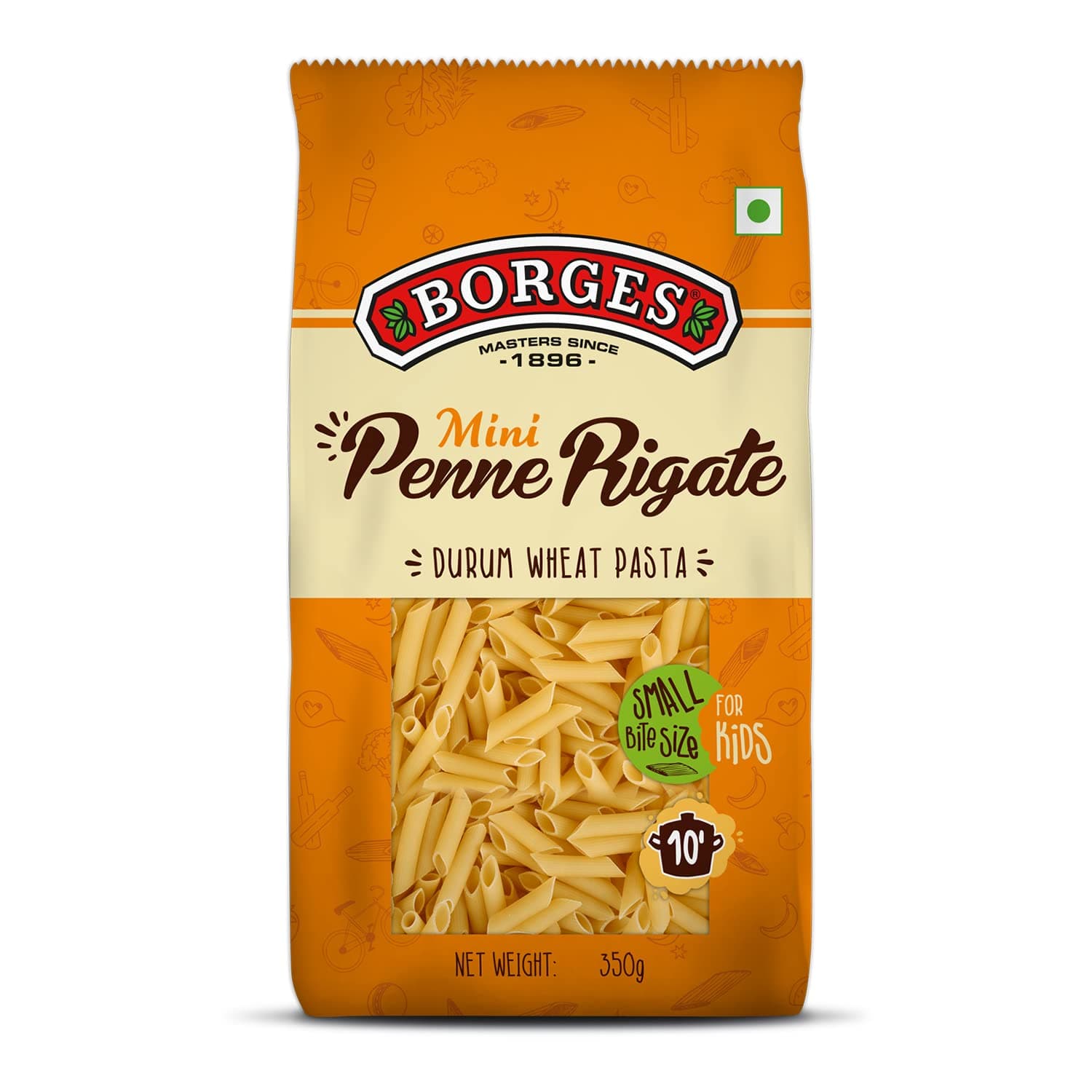 Borges Mini Penne Rigate Durum Wheat Pasta, Ideal Bite Size for Kids, Cooked in 10 minutes, 100% Durum Wheat Semolina - 350grams