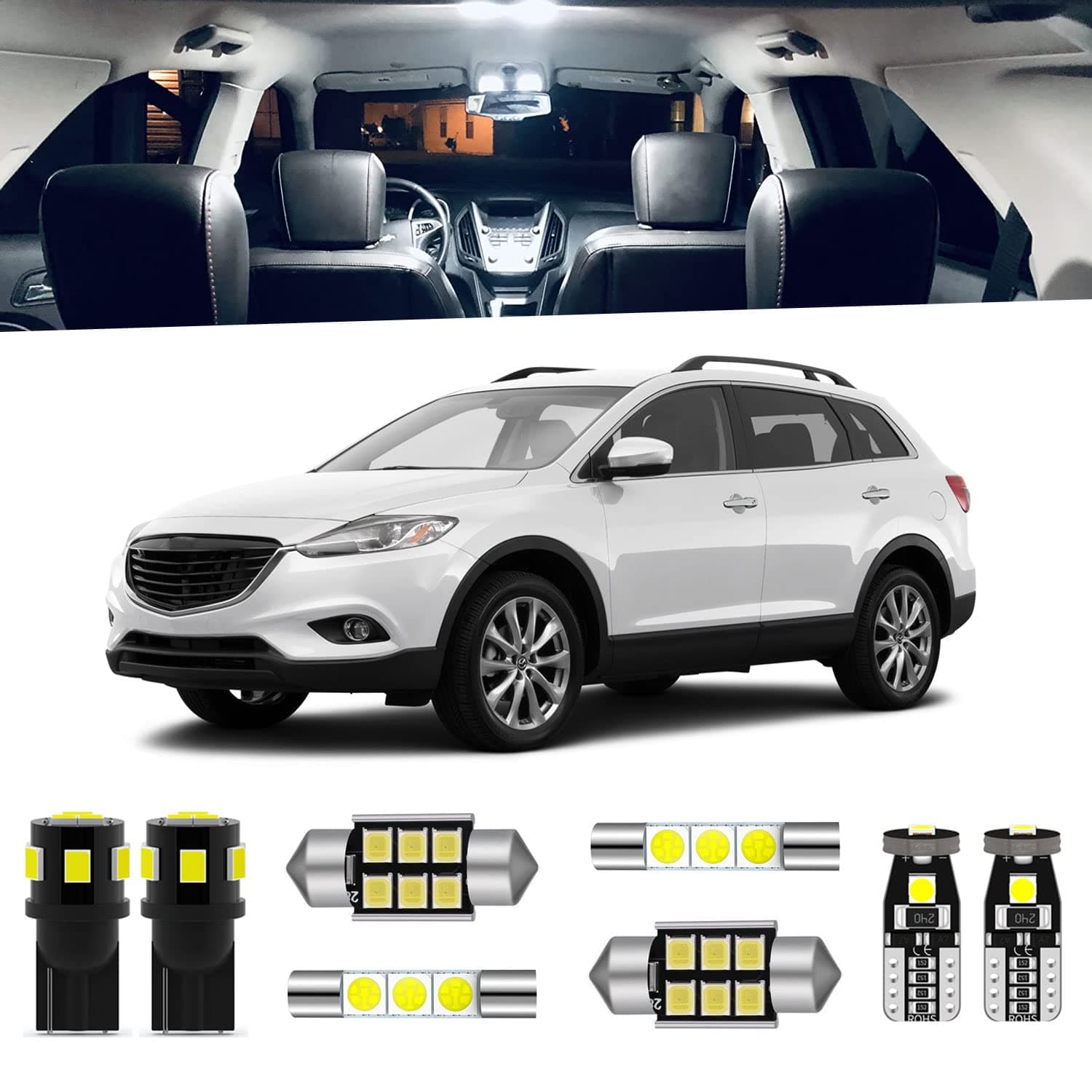 11-Pieces CX9 LED Interior Light Kit for Mazda CX-9 2007 2008 2009 2010 2011 2012 2013 2014 2015 2016 2017 2018 2019 2020 2021 White LED Lighting Package + License Plate Lights, Install Tool