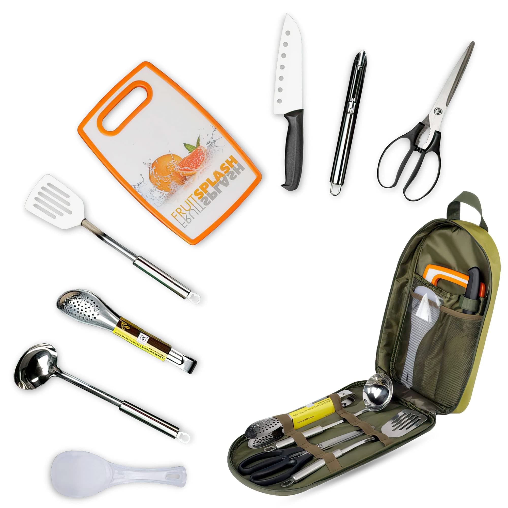 Kitchen tools, Stainless Steel Tool Set, Accessories with Bag Carrying Case – Includes Spatula, Tongs, Knife – Perfect for Camping, Kitchen, Barbecue, Summer, Parties، BBQ ادوات المطبخ