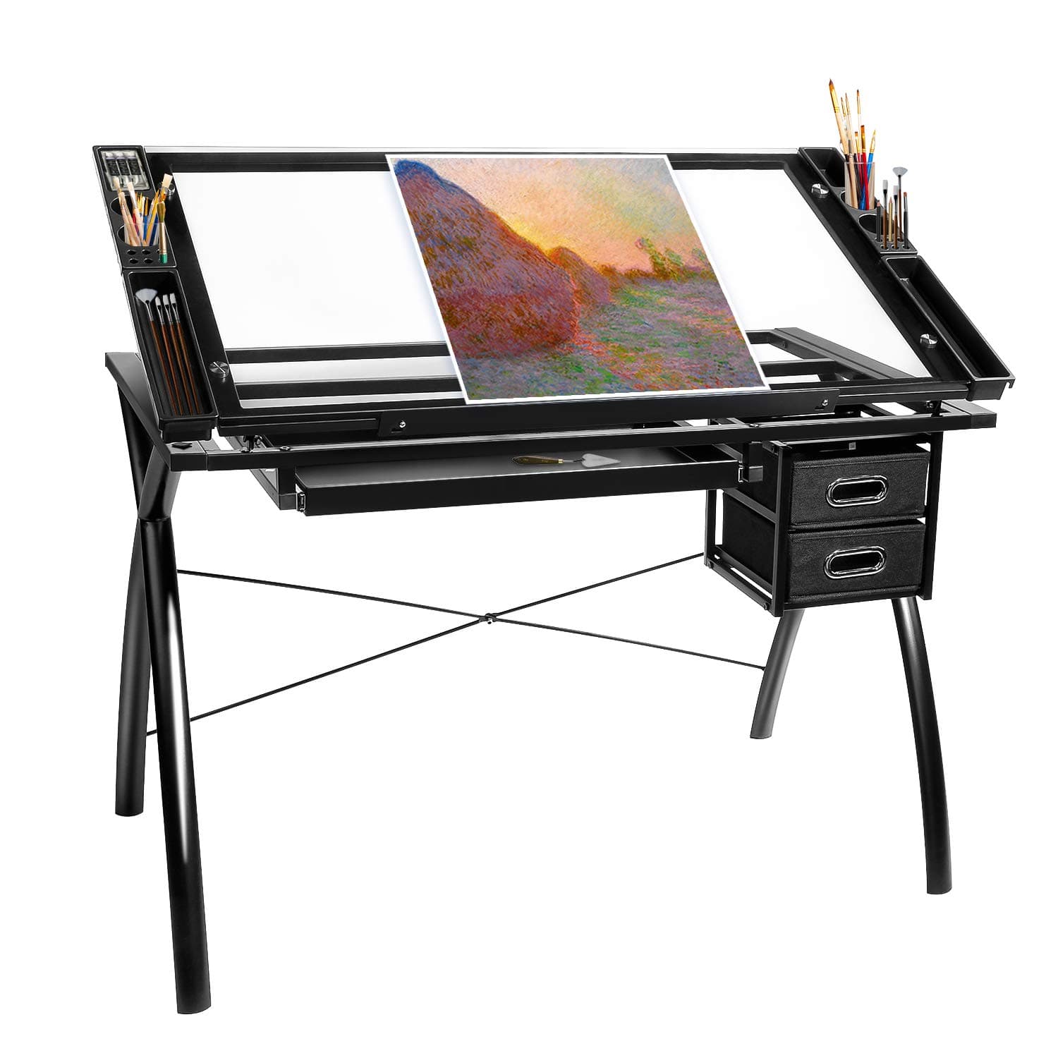 Adjustable Drafting Table Glass Top, Art Drawing Craft Desk with 2 Drawers, Perfect for Artwork and Design, Black