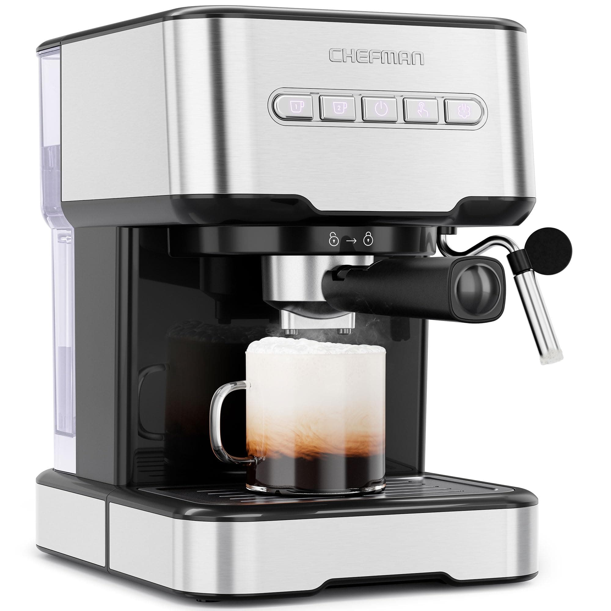Chefman 6-in-1 Espresso Machine with Steamer, One-Touch Single or Double Shot Maker, Coffee Cappuccino Machine, Latte Built-In Milk Frother Stainless Steel