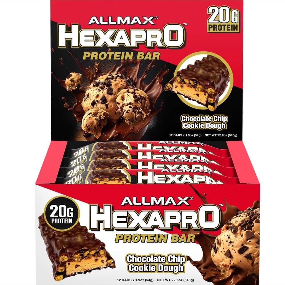 ALLMAX HexaPro High Protein Bar, Chocolate Chip Cookie Dough, Pack of 12 – 20g Protein per Bar, Low Sugar, High Protein Snack, Supports Muscle Recovery, Lean Muscle & Post Workout for Men & Women