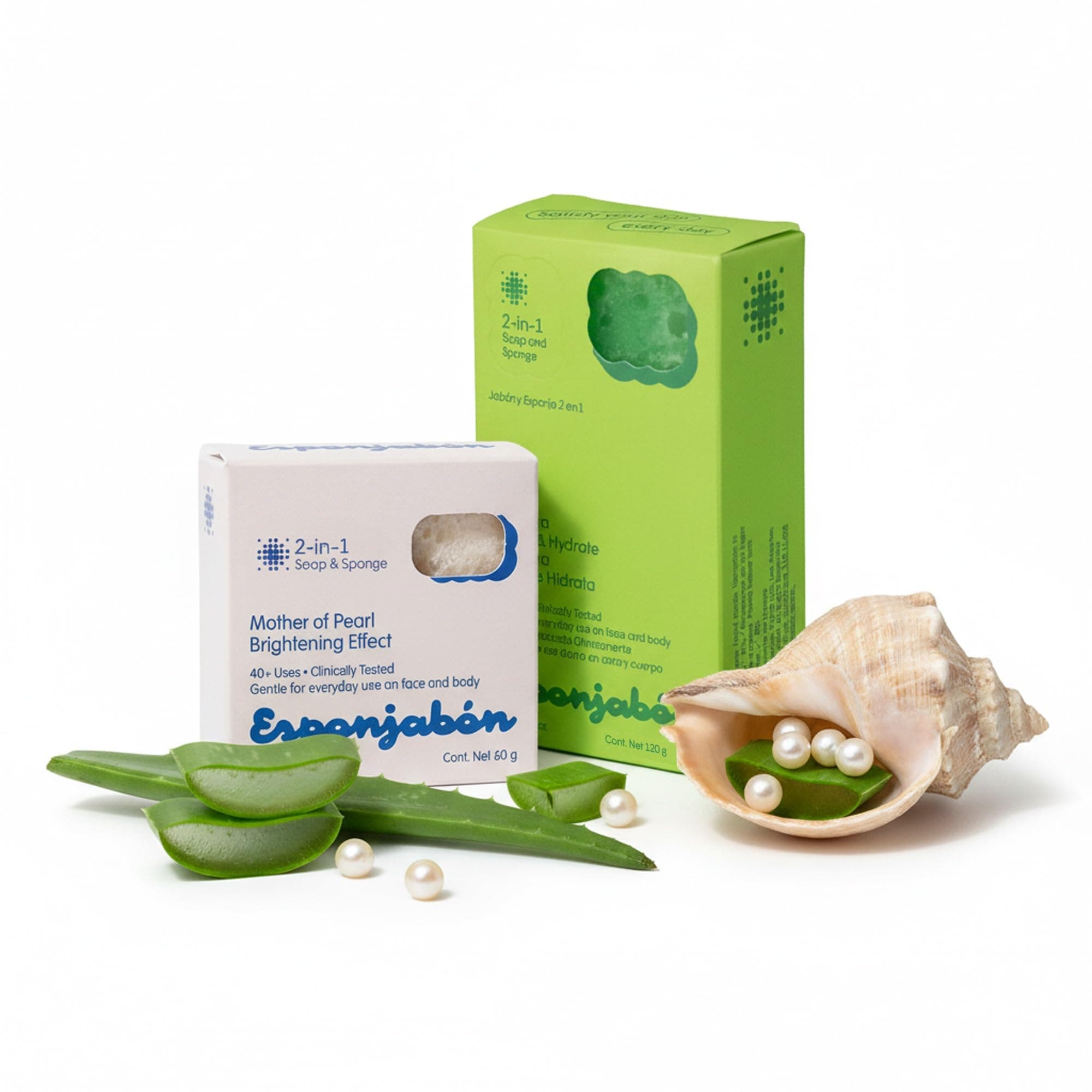 T.Taio Esponjabon Aloe Vera Soap Sponge - Gentle Shower Scrubber with Mini Mother of Pearl - Cleaning Bath Wash Scrub - Dirt & Oil Removal - Massage & Lather Foot, & Face - Fresh Aloe Vera Scent