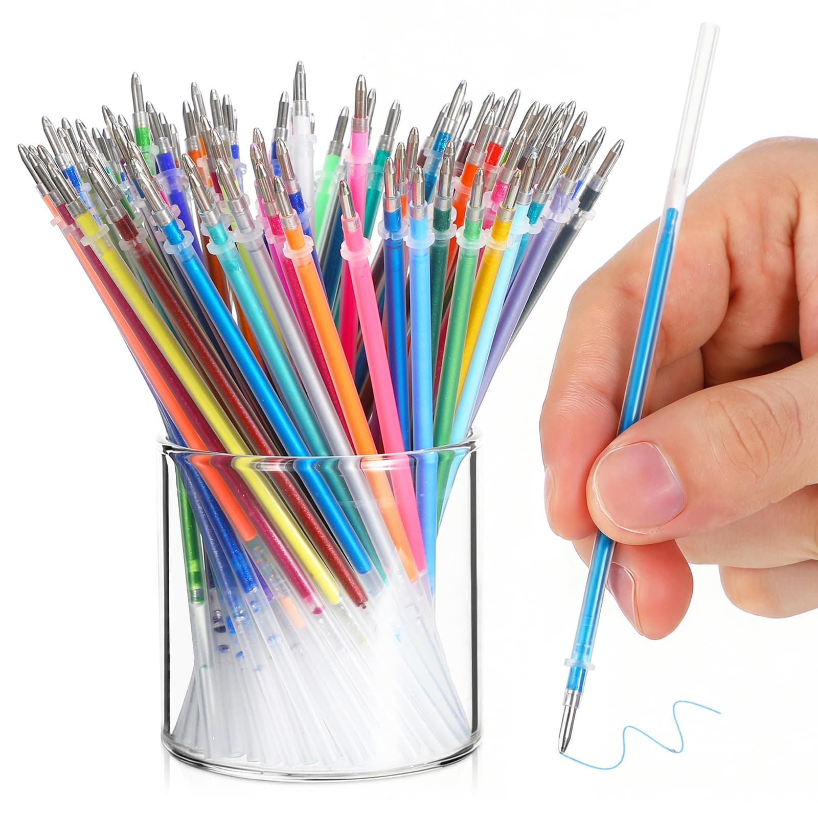 NUOBESTY Gel Pen Refills, 100 Pack Glitter Metallic Pastel Neon Ink Refill Set, 0.8mm Smooth Replacement Cartridges Glitter Markers for Adult Coloring Books, Art Drawing, Doodling & Sketching