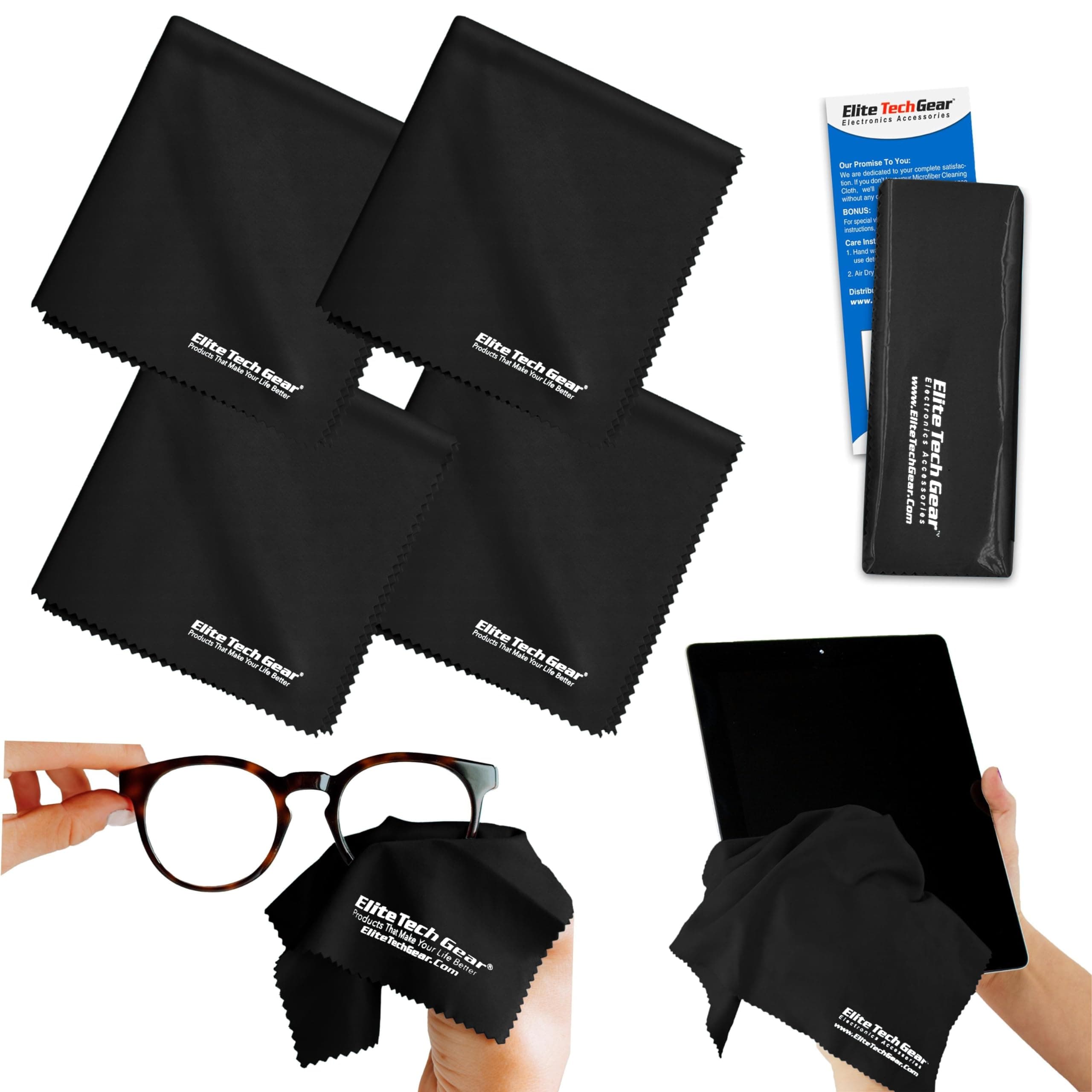Elite Screens Microfiber Cleaning Cloth for Glasses & Electronics - 12" x 12", Pack of 4, Black - Lens Wipes, Eyeglass Cleaning Wipes & Lens Cloth for Smudge-Free Screens