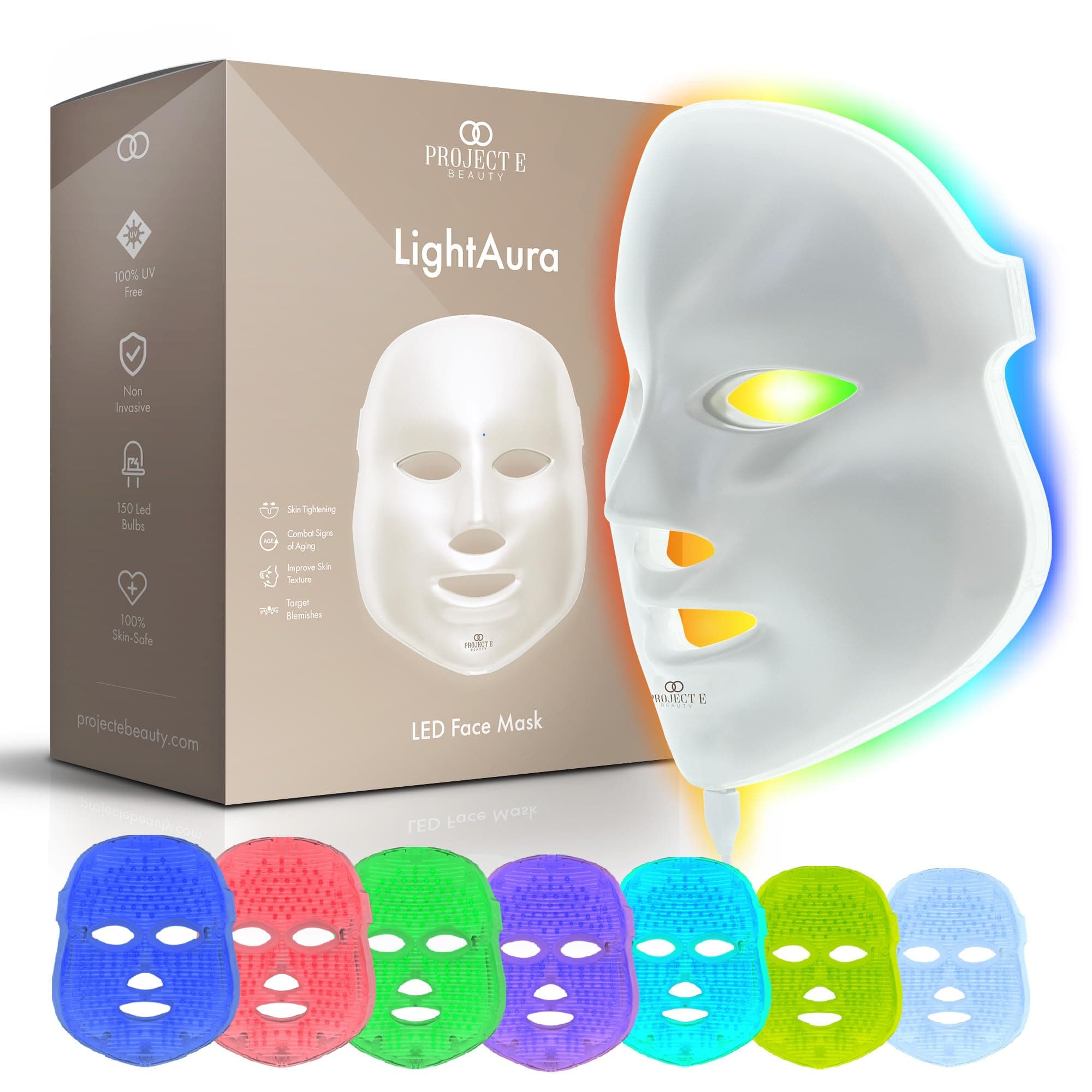 Project E Beauty LED Face Mask Light Therapy | 7 Color Skin Rejuvenation Therapy LED Photon Mask Light Facial Skin Care Anti Aging Skin Tightening Wrinkles Toning Mask