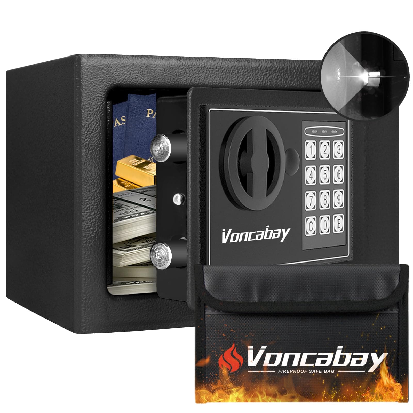 Voncabay Money Safe Box for Home with Sensor Light & Fireproof Money Bag - 0.23 Cubic Feet Security Safe Box with Digital Keypad, Keys & Pass Code Lock, 9.05" W x 6.69" D x 6.69" H, Black