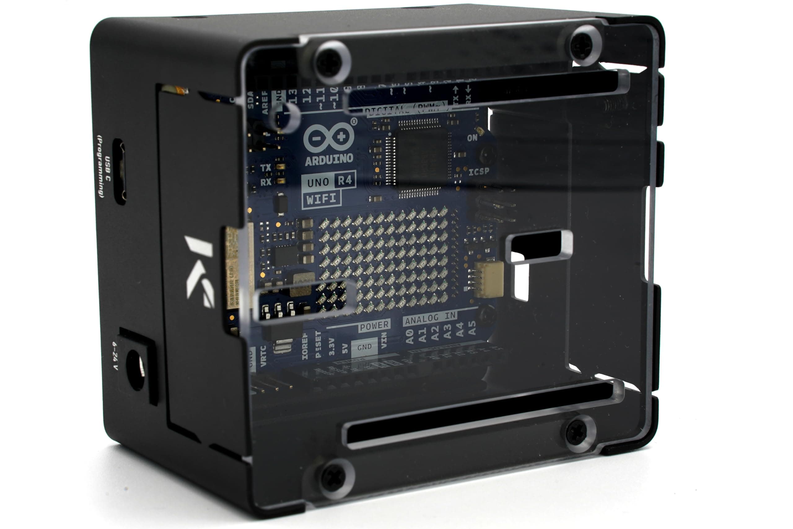 KKSB Project Case for Arduino UNO R4 | Compatible with UNO R4 Minima and UNO R4 WiFi | Space for Arduino Ethernet HAT | Transparent Cover | Durable Aluminium Case with Steel Base