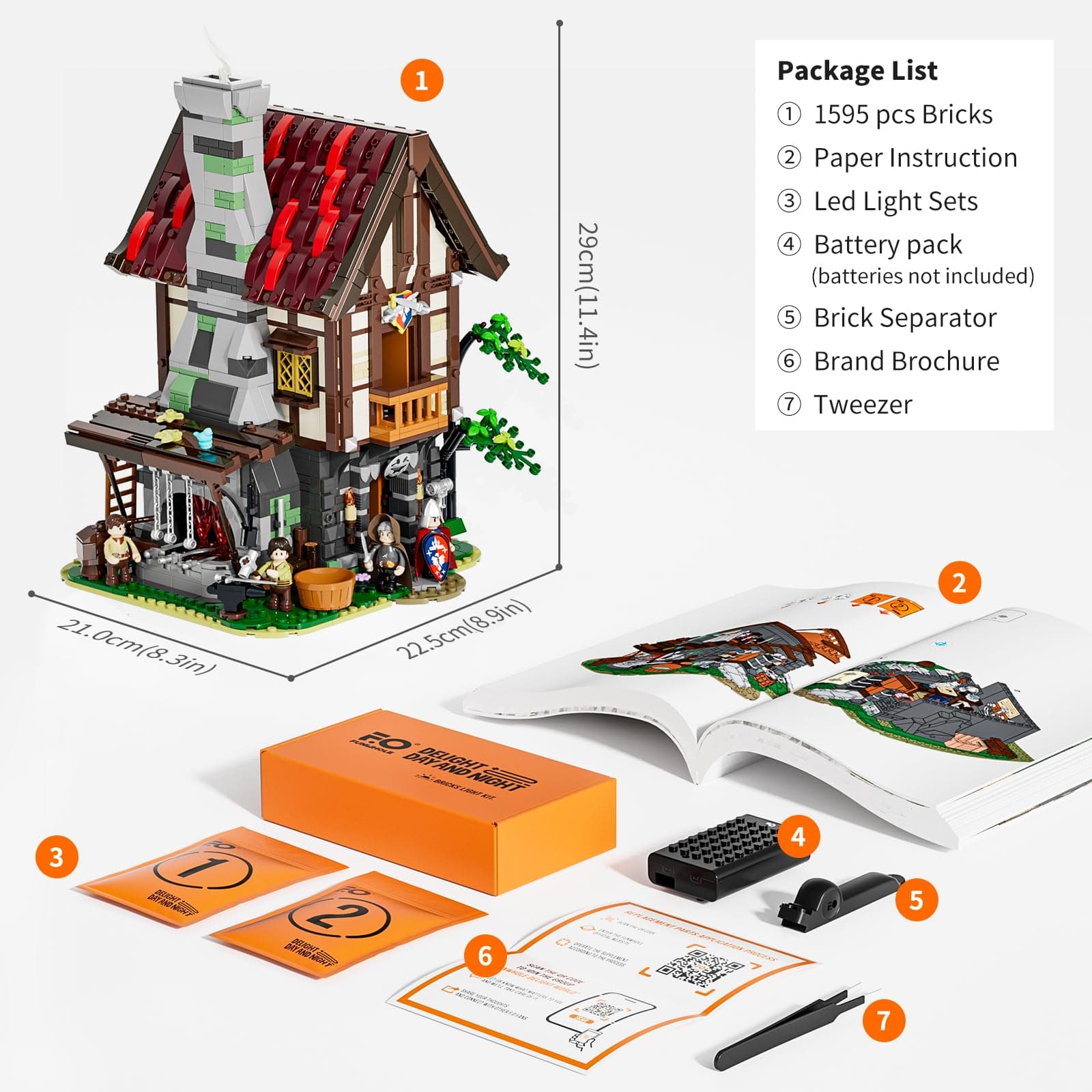 FUNWHOLE Medieval Forge House Lighting Building Bricks Set - 1595 Pcs Blacksmith Kit Castle House Collectible Display Set for Adults and Teens