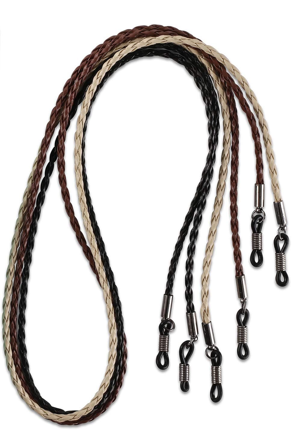 Elegant Eyeglass Strap-Chain- Retainer Braided 3 Pack PU Leather by HANGIT (beige black brown)