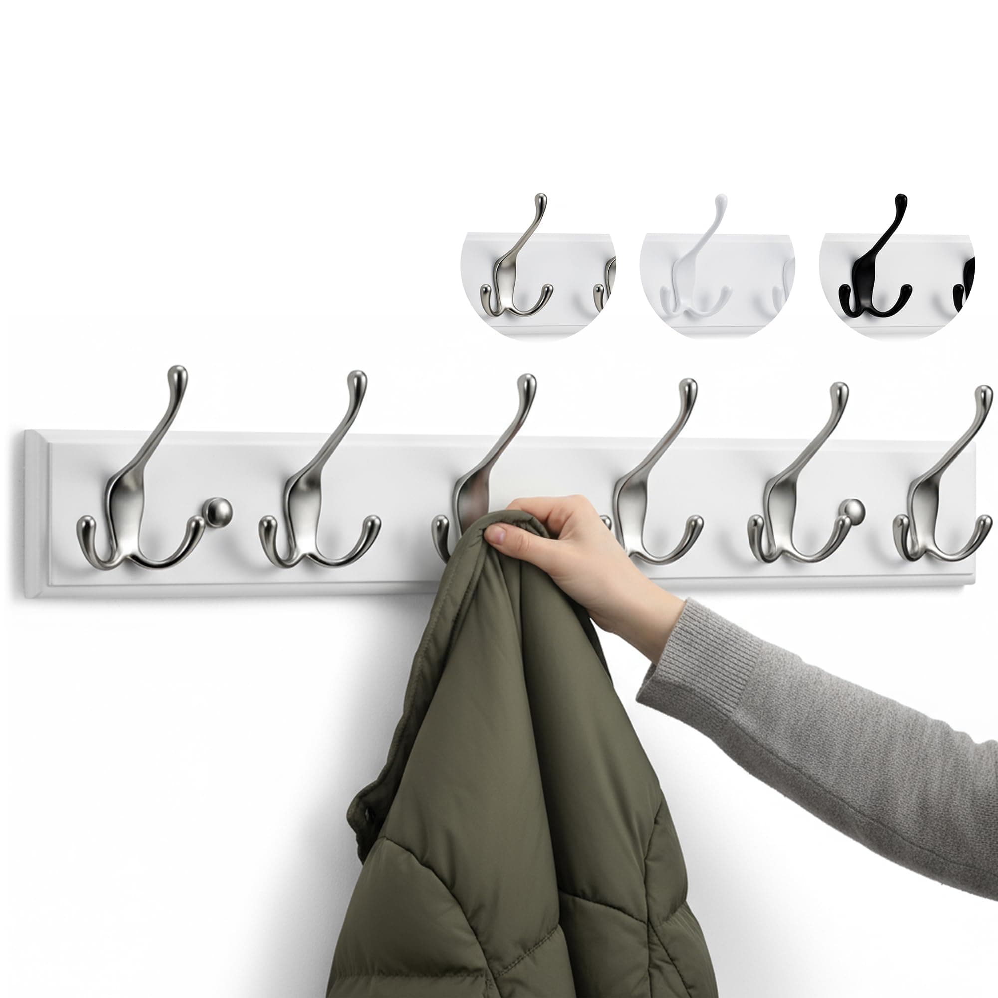 LARHN White Coat Hooks - Wall-Mounted Coat Rack - 6 Triple Matt-Nickel Coat Hooks for Wall - 59 cm - All Fixings Included for Quick & Easy Installation