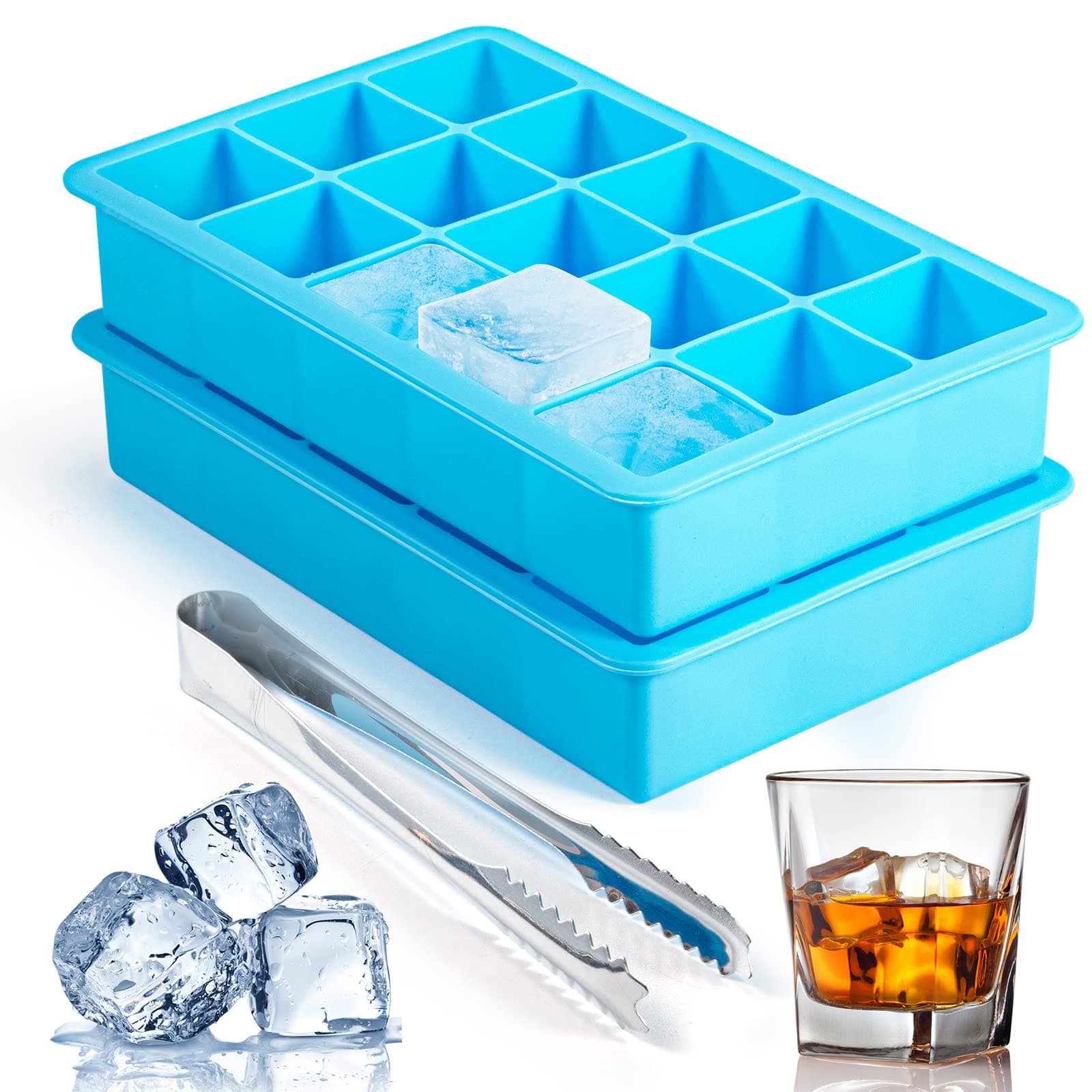 2 Pack Ice Cube Trays, Silicone Ice Cube Trays Molds,Easy Release Flexible Ice Cube Molds 15 Ice Cubes Tray for Freezer,Cocktail,Whiskey,Reusable & BPA Free