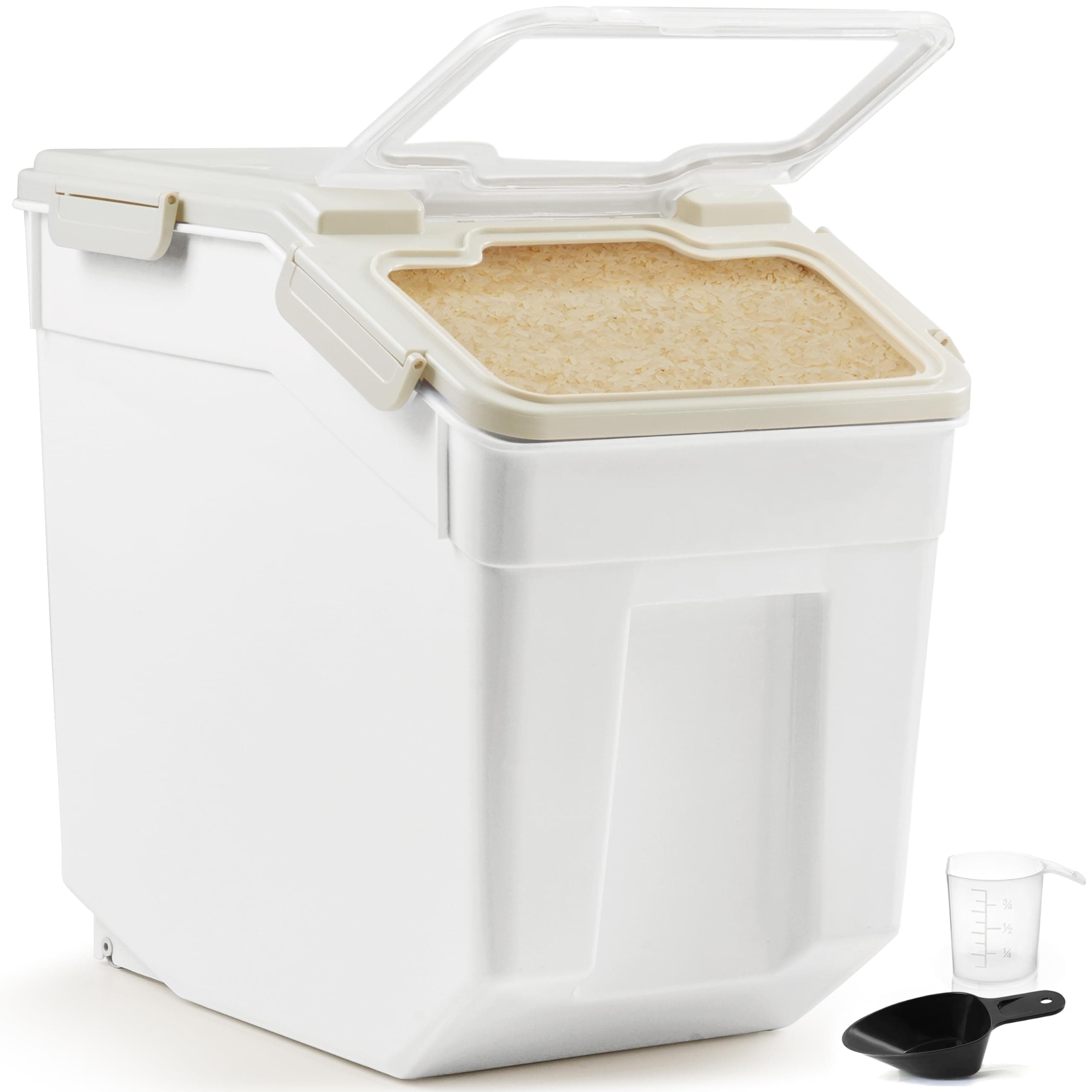ABOUT SPACE Rice Container 25kg - Airtight Rice Storage Container with Measuring Cup & Rice Shovel - Rice Barrel Dispenser-Moisture Proof Kitchen Organiser for Cereals,Pulses&Pet Food- Grey, Plastic