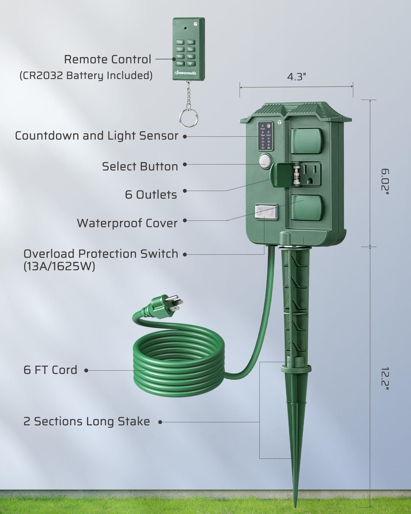 DEWENWILS - Outdoor Stake Timer with Photocell, Wireless Remote Control, 6 Waterproof Grounded Outlets with Protective Cover, 6ft Extension Cord, Waterproof, Listed