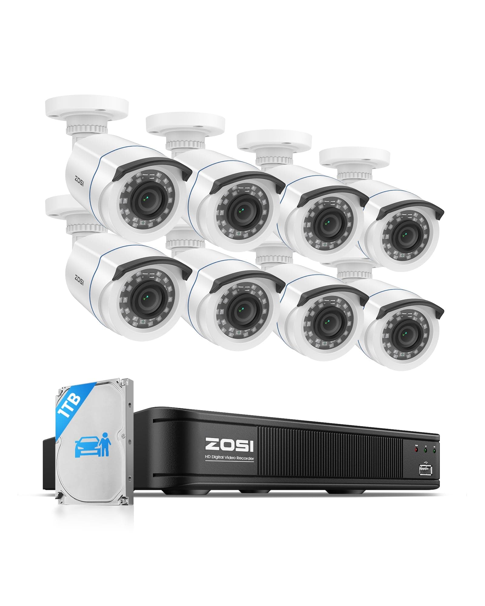 ZOSI H.265+ Home Security Camera System with AI Human Vehicle Detection, 5MP 3K Lite 8 Channel CCTV DVR Recorder and 8 x 1080p Weatherproof Bullet Camera Outdoor Indoor, 80ft Night Vision, 1TB HDD