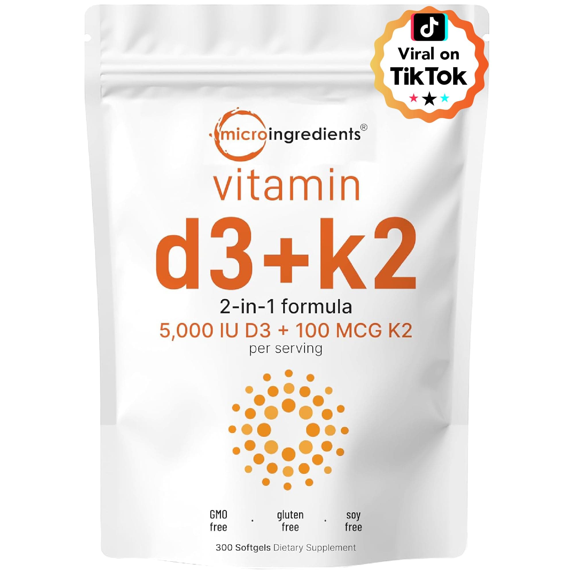 Micro Ingredients Vitamin D3 5000IU Plus K2,2-In-1 Formula,300 Liquid Softgels