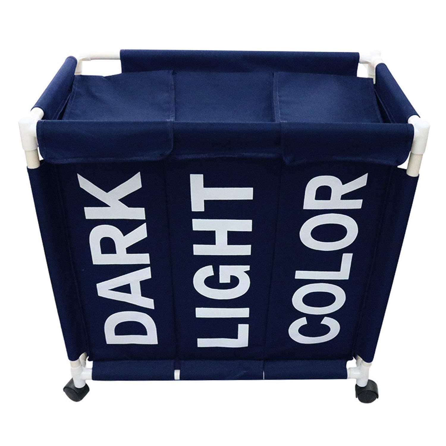 Berry Ave Tri-Part Laundry Basket Hamper with Wheels (Dark, Light, Color) – Tall Tri-Part Bin Dirty Clothes Organizer for Kids, Adults – Home and College Use – Smart Rolling Design - Blue