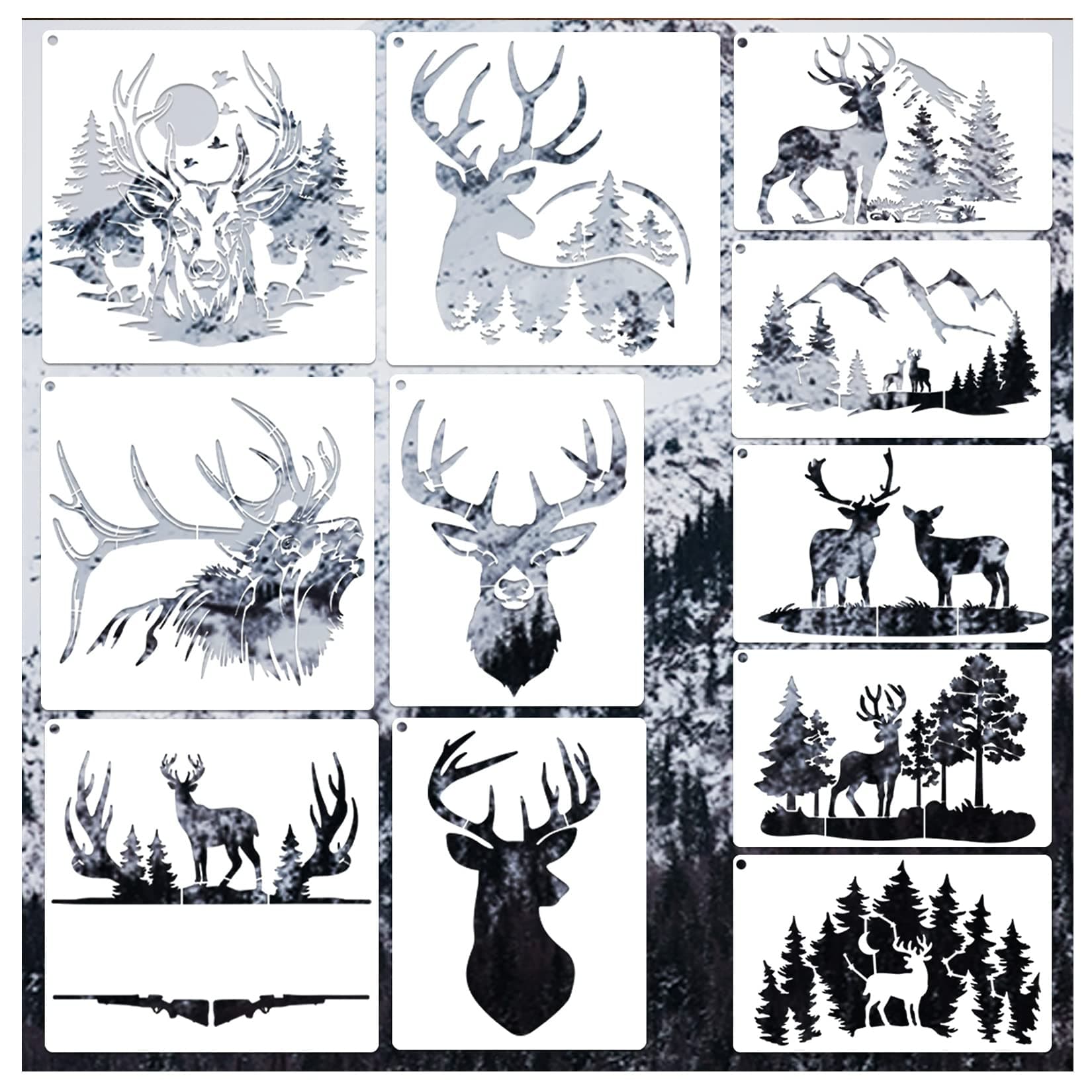 11 Pcs Deer Stencils Forest Mountain Tree Deer Head Stencils for Wood Burning Stencil Template for Painting on Wood Crafts Home Decors (Deer)