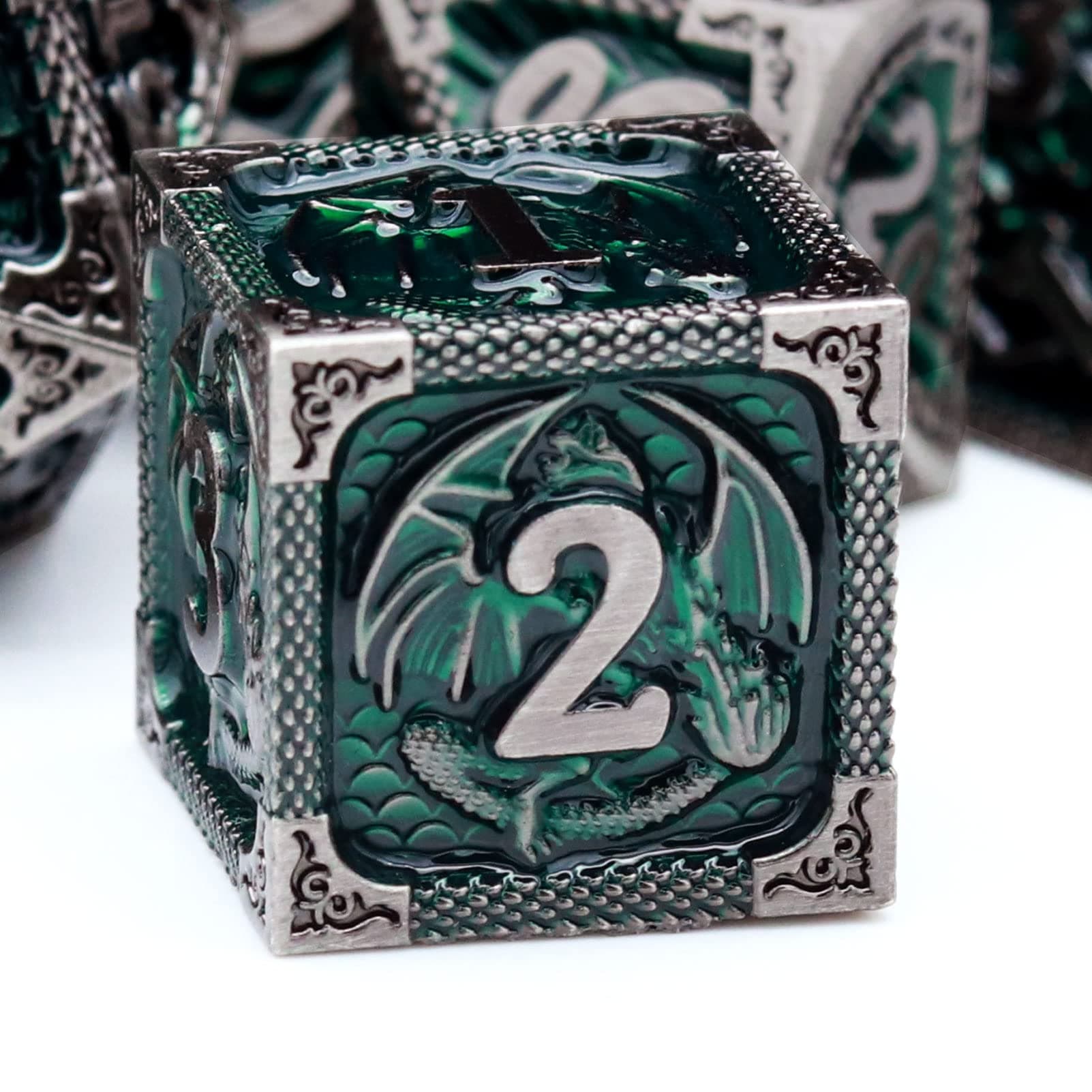 DND Dice Set Metal D&D Dice Set with Leather Dice Bag Antique Iron Green Metal Polyhedral Dice Compatible with Dungeons and Dragons TTRPG Gifts