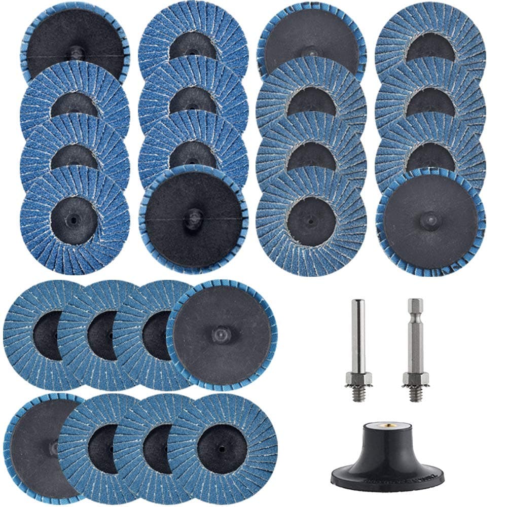 24 Pcs 2 inch Roloc Flap Discs with 1/4" Holder Die Grinder Attachments T27 Zirconia Flat 36/60/80 Grit Grinding Wheels for Surface Prep