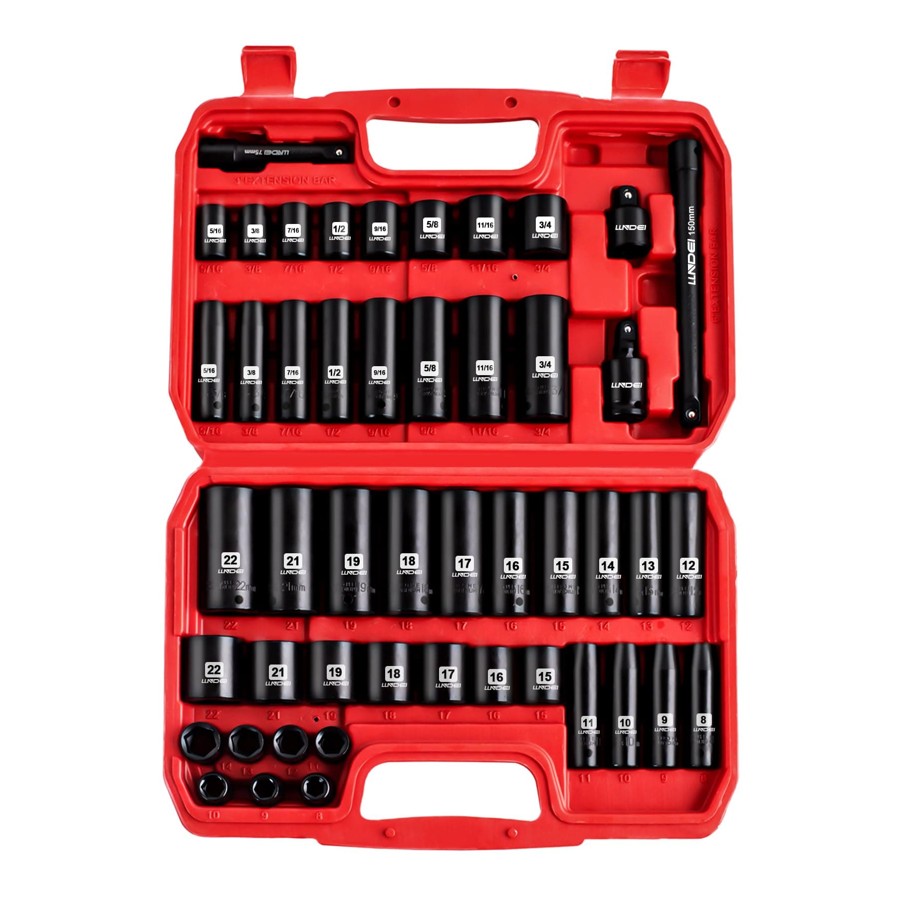 3/8" Drive Impact Socket Set SAE and Metric (5/16"- 3/4", 8-22mm) 48pcs, CR-V Steel, 6 Point Sockets, Extension Bar (3-in, 6-in), 1/2"F to 3/8"M Reducer Universal Joint