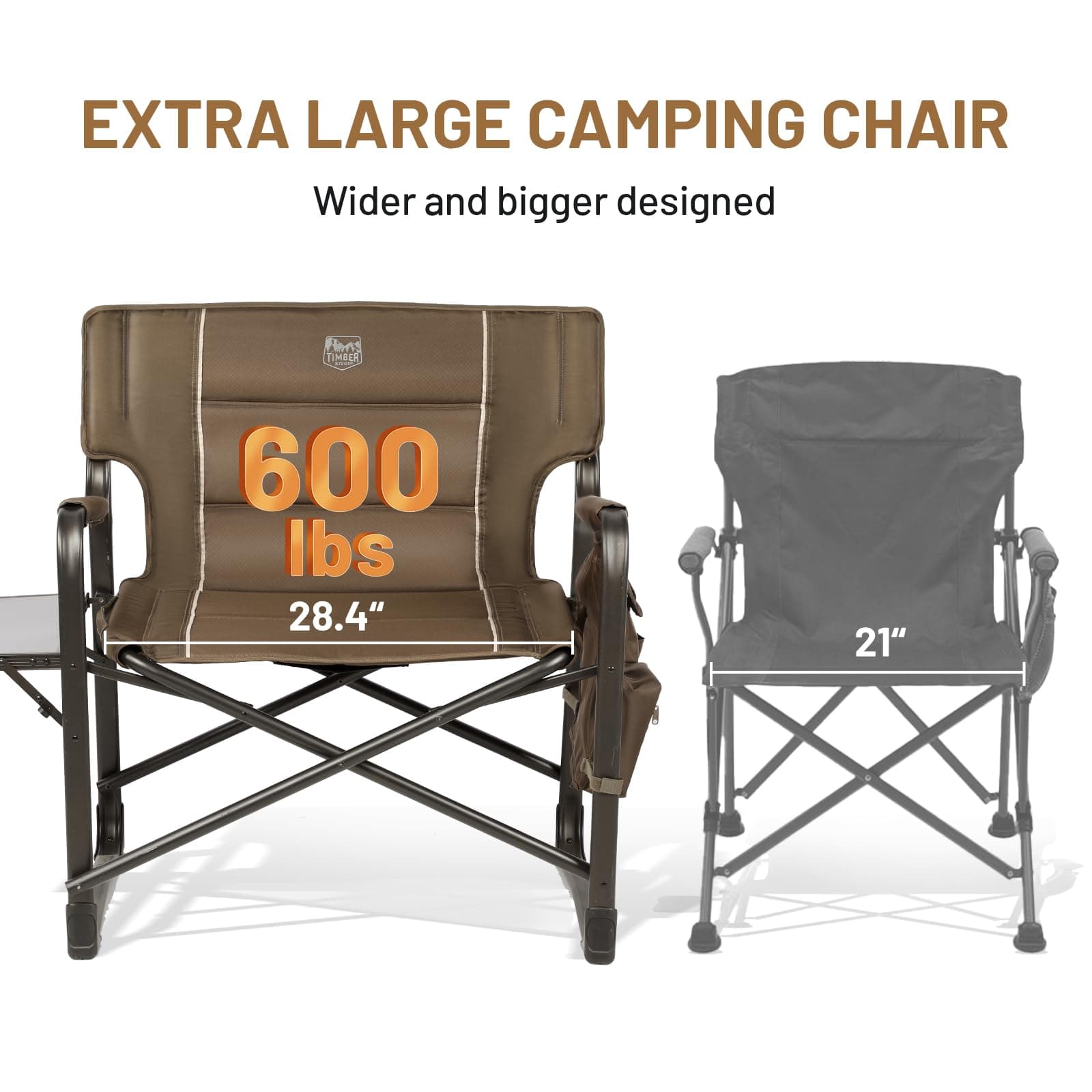 Timber Ridge XXL Upgraded Oversized Directors Chairs with Foldable Side Table, Detachable Side Pocket, Heavy Duty Folding Camping Chair up to 600 Lbs Weight Capacity (Brown) Ideal Gift