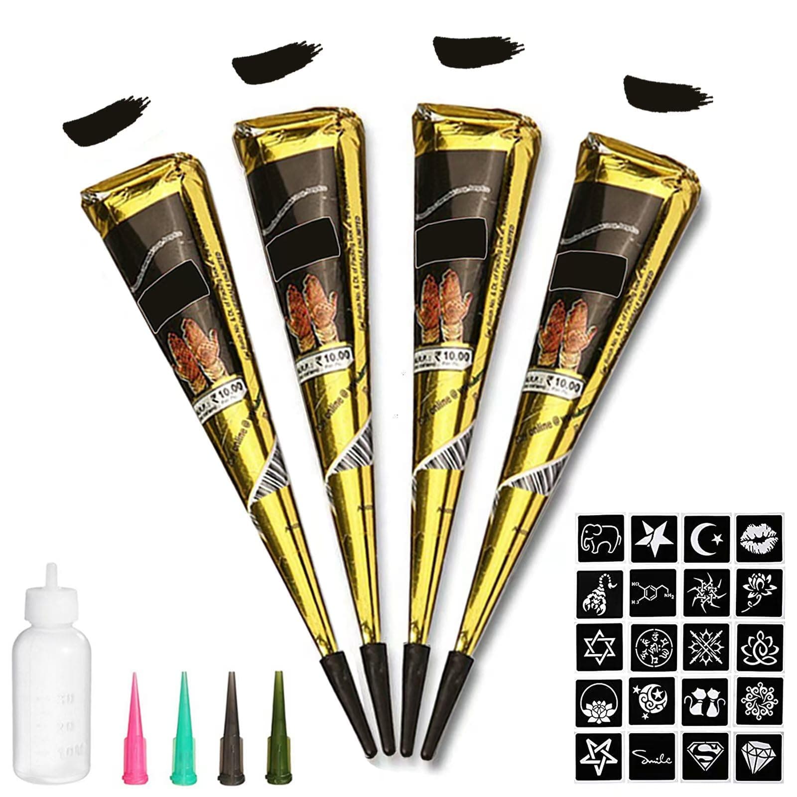 Temporary Tattoos Kit, 4Pcs Black Tattoo Paste Cones, 100% Natural Ready to Use Black Tattoo Paste, India Body DIY Art Painting for Women Men Teens with 20 Adhesive Stencils, 1 Bottle, 4Nozzles