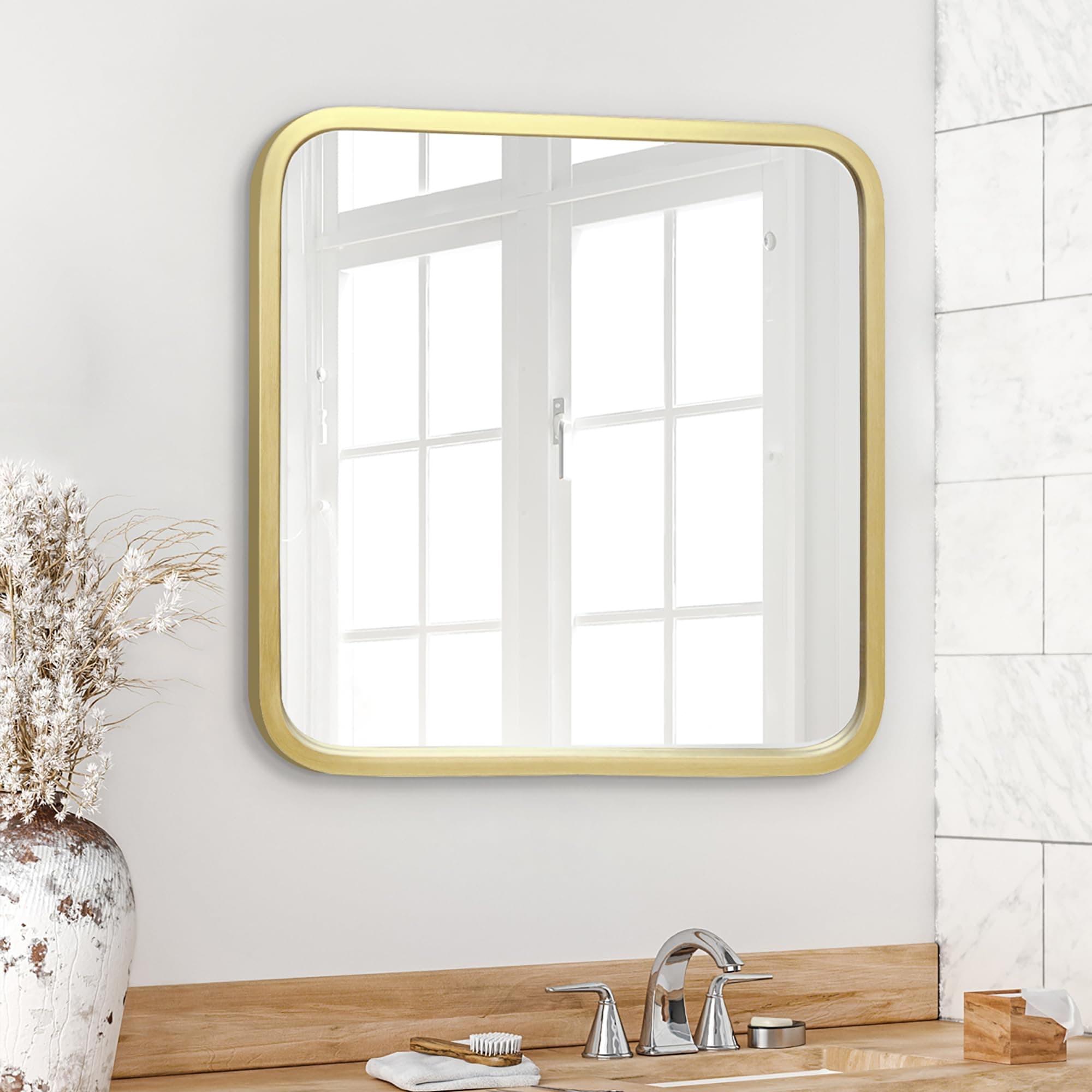 Americanflat 61 cm Square Gold Frame Mirror with Rounded Corners - Wall Mirror for Bedroom, Bathroom, and Living Room - Large Mirror for Wall with Hanging Hardware