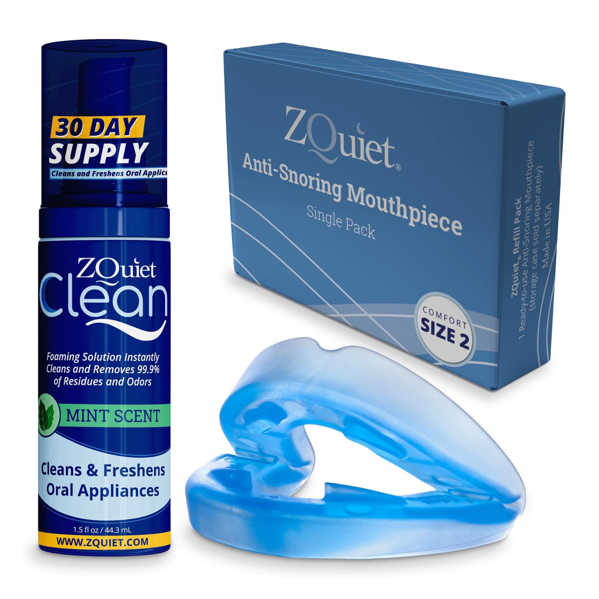 ZQuiet Anti-Snoring Mouthpiece Solution - Comfort Size #2 (Single Device) + Cleaner (1.5oz Bottle) - Made in USA Snoring Solution for a Better Night’s Sleep (Blue)