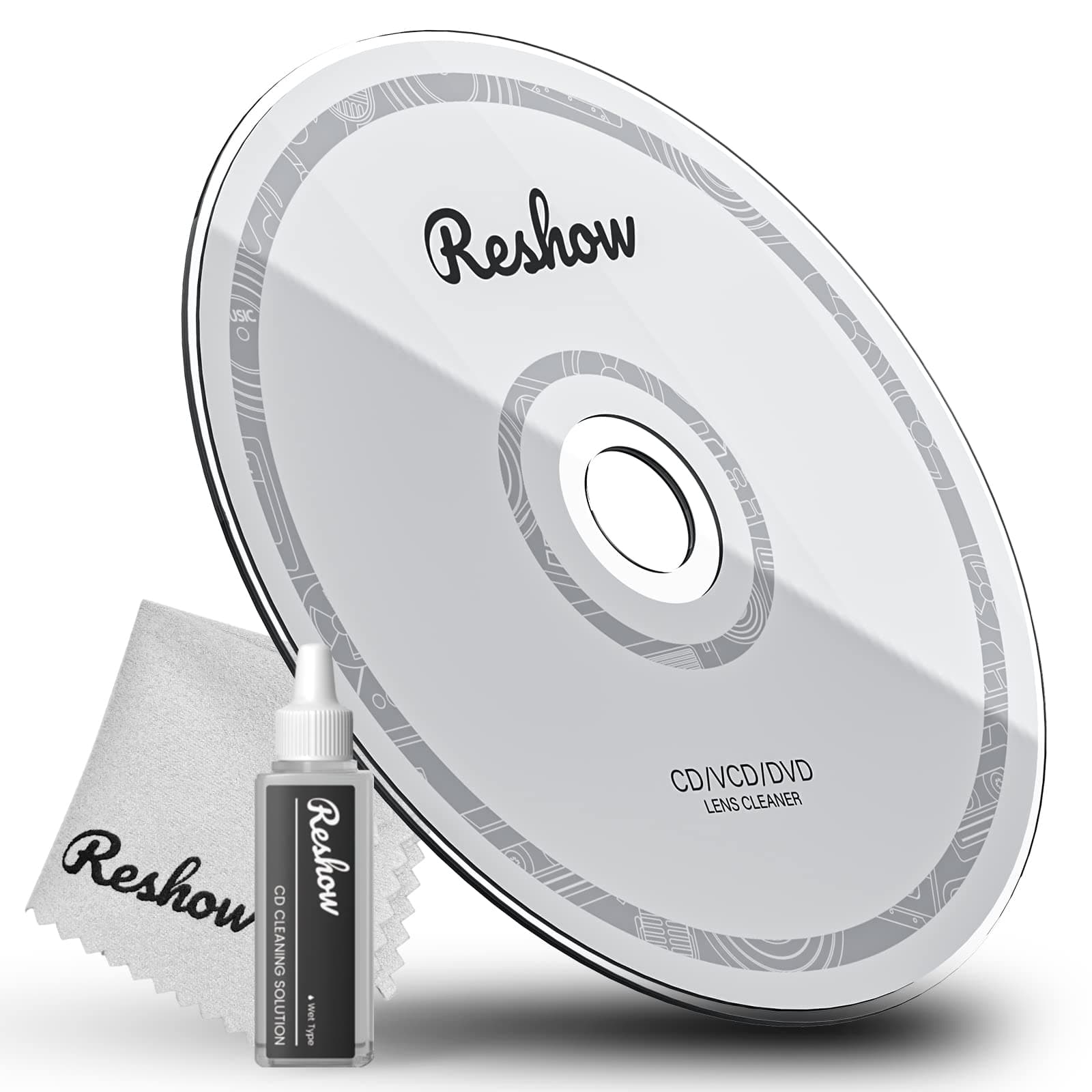 Reshow CD Player Cleaner, Laser Lens Cleaning Disc for CD/VCD/DVD Player, Microfiber Cloth & Solution