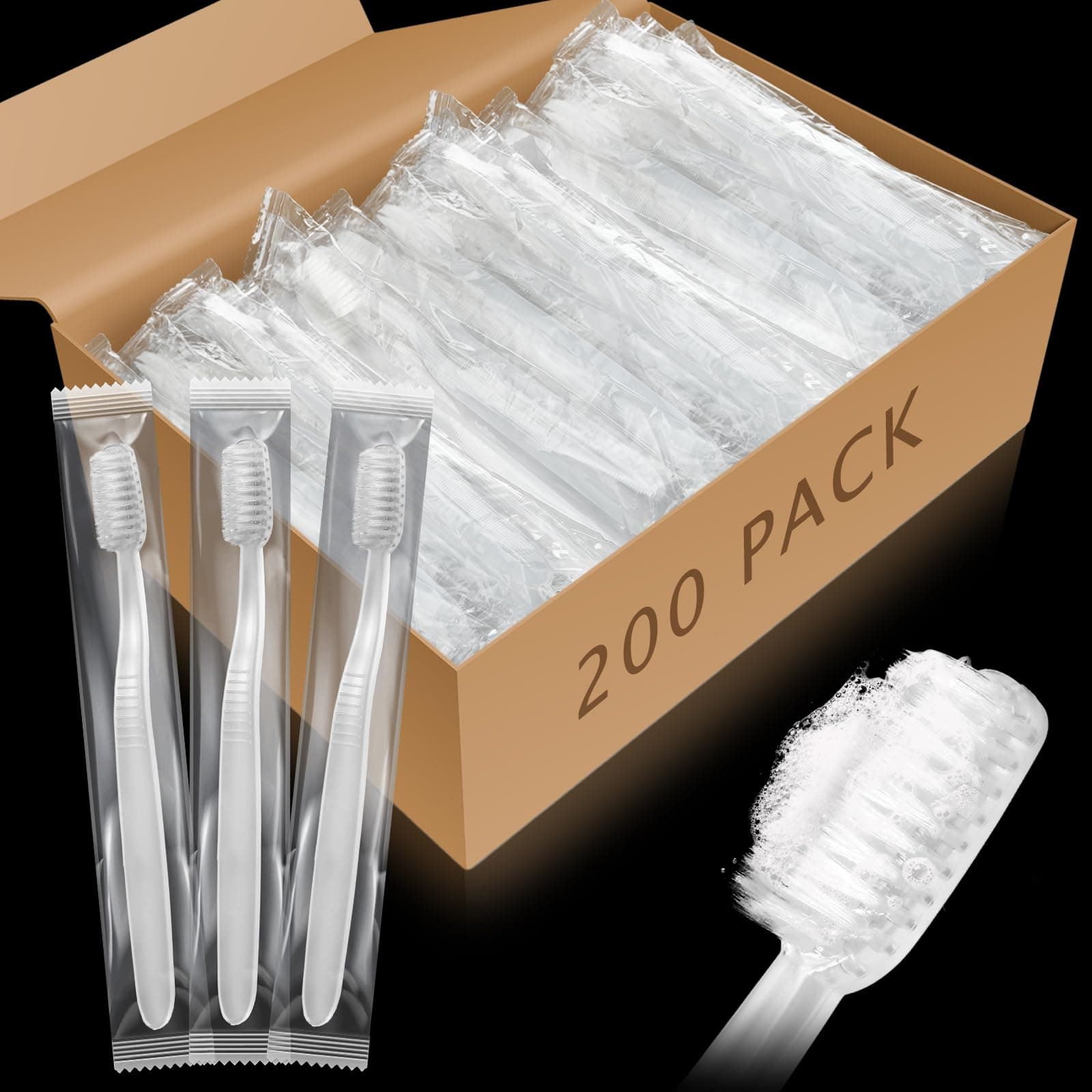 Tioncy 200 Pack Prepasted Disposable Toothbrushes Individual Wrapped Toothbrushes Soft Bristle Travel Toothbrush Single Use Wrapped for Hotel, Camp, Travel and Gift for The Homeless (White)