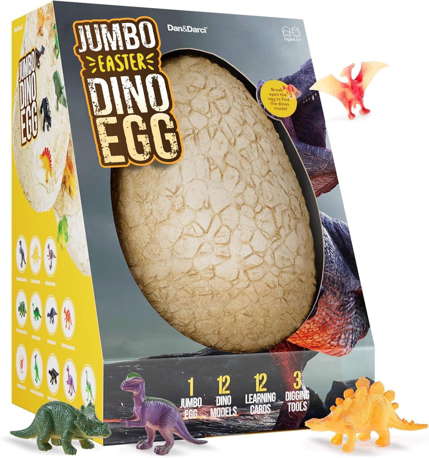 Dan&Darci Jumbo Dino Easter Egg - Unearth 12 Unique Large Surprise Dinosaurs in One Giant Filled Egg -Easter Gifts for Kids - Discover Dinosaur Archaeology Science STEM Crafts Gifts for Boys & Girls