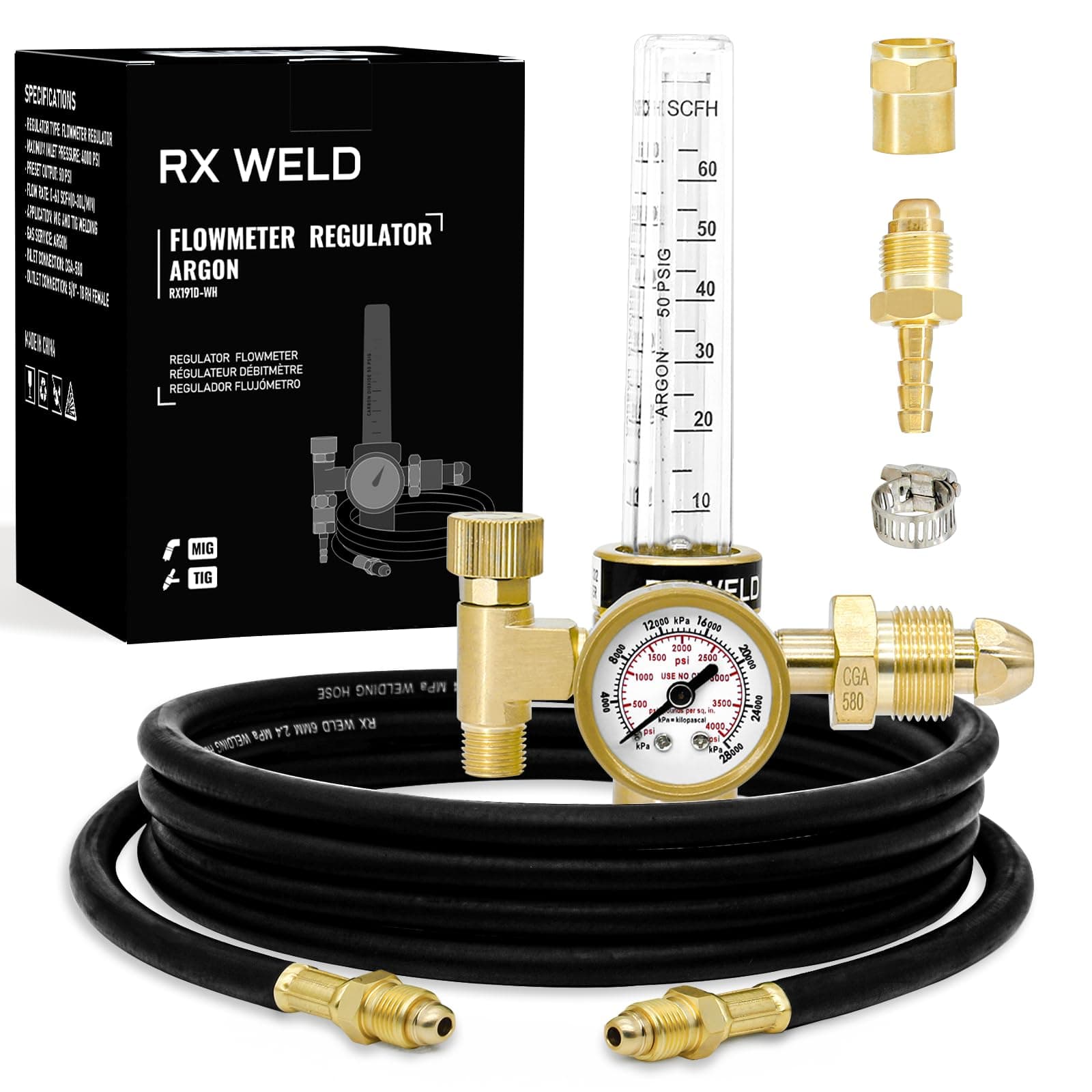 RX WELD Argon Regulator, Flow Meter Gas Regulator Gauge for Mig Tig Weld with Gas Hose Welding