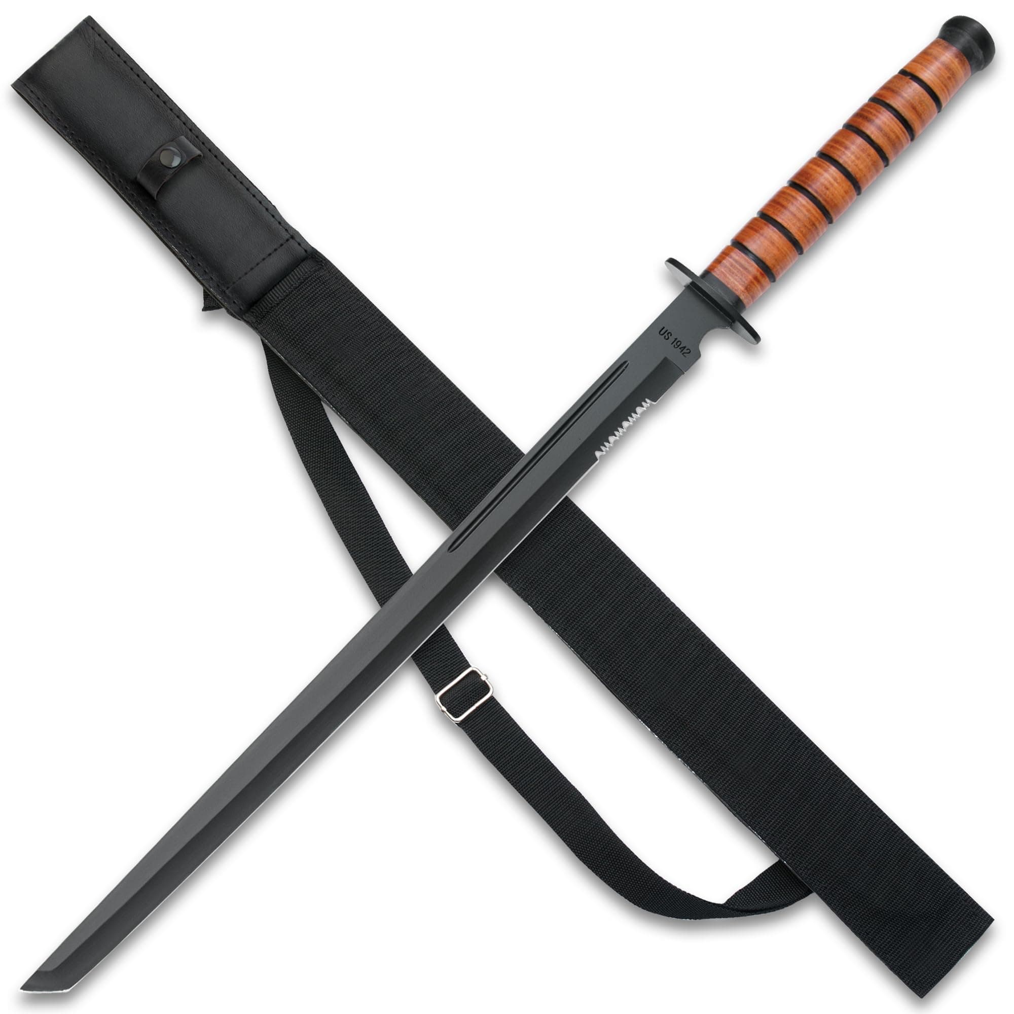 1942 U.S. Combat Sword with Sheath | Inspired by US Armed Forces WWII Weapon | World War II Collectible | Black Coated AUS-6 Stainless Steel | Shoulder Strap | Overall Length 27.5"