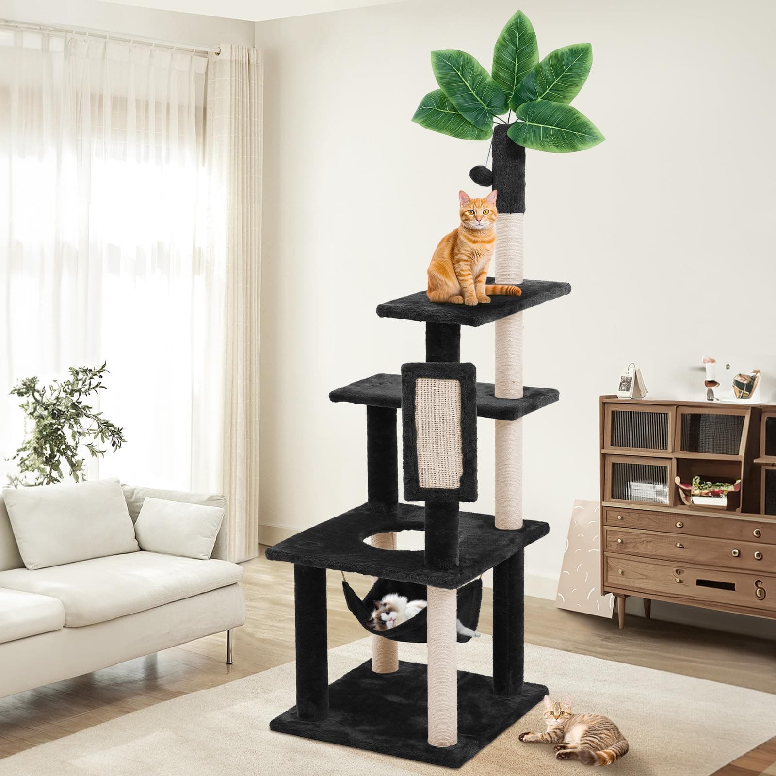 61" Large Cat Tree Tower for Indoor Cats with DIY Green Leaves Scratching Post Multi Soft Hang Ball Plush Cat House Furniture 360° Rotating Cat Scratch Board with Hammock, Black
