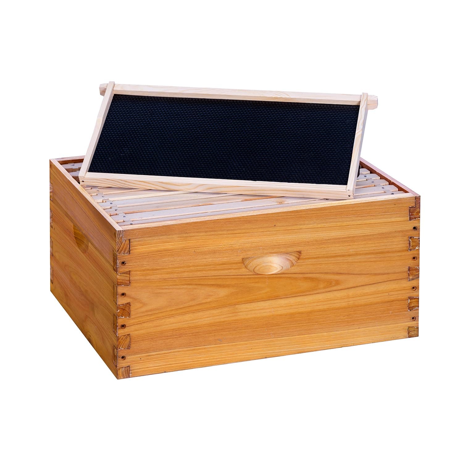 POLLIBEE 10 Frame Beehive Box, Langstoth Deep Brood Box Sections of Wood for Beehives, Bee Box Dipped in Heavy Beeswax Includes Wooden Beehive Frames & Waxed Foundations (Unassembled)