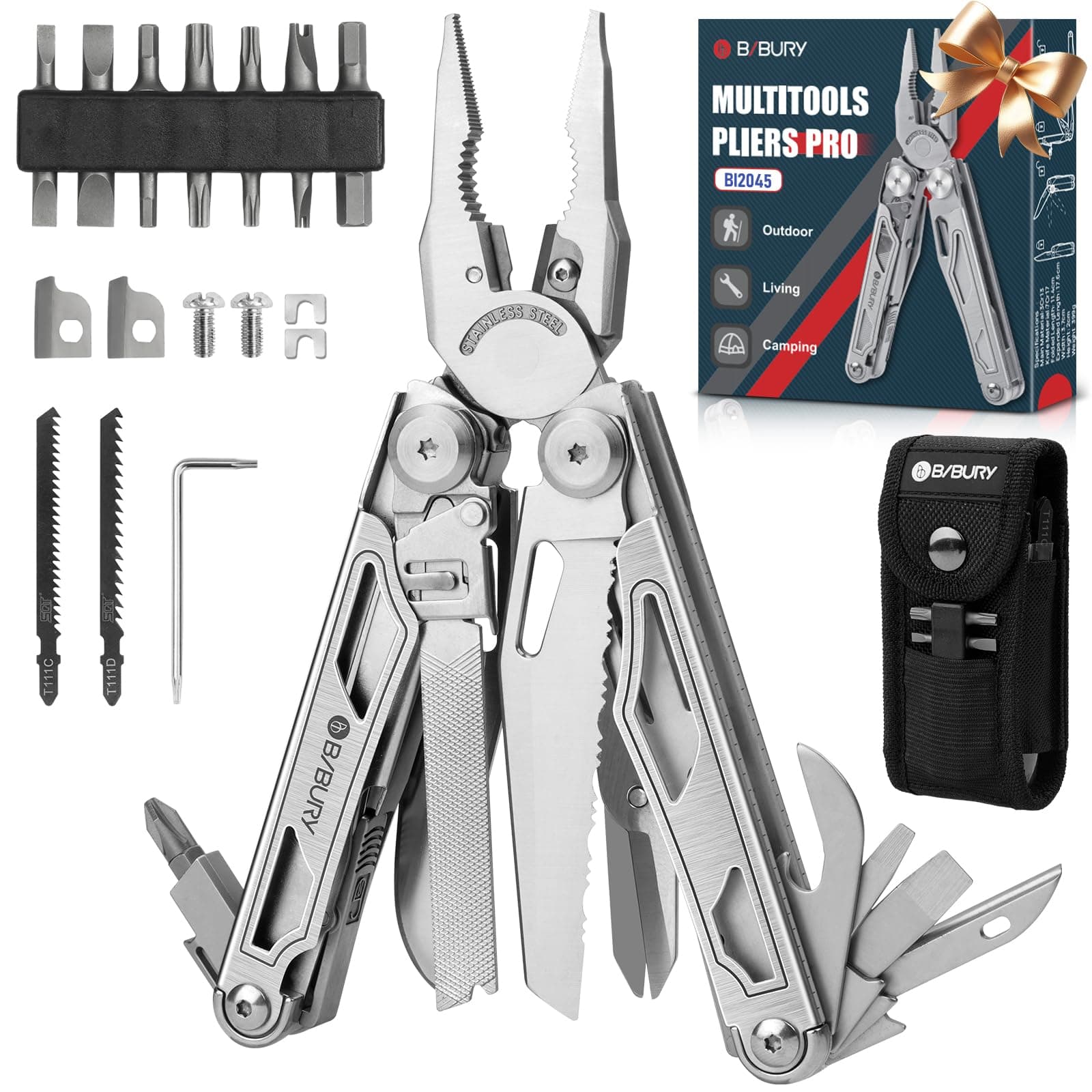 BIBURY Multitool Pliers Pro BI2045, Foldable Multitools with Replaceable Wire Cutters and Saw, Stainless Steel Multi Tool w/Upgraded Scissors and Screwdriver Set, Ideal for Camping, Hiking, Survival