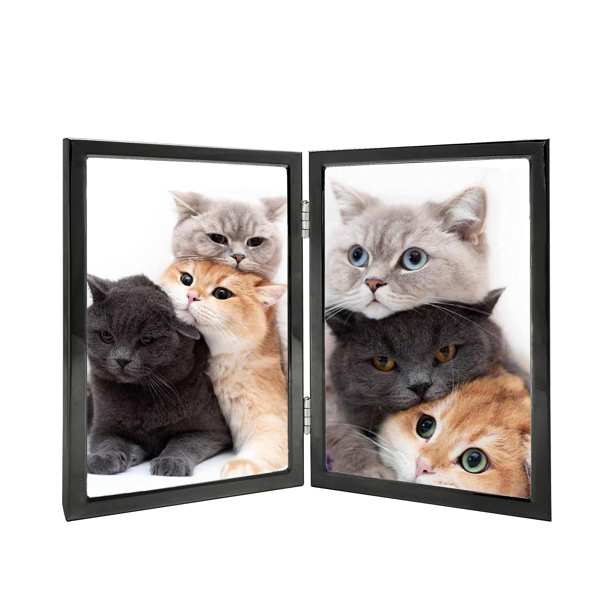 5x7 Picture Frame Double Hinged Black Metal Thin Edge Frame with High Definition Glass Front Folding Frames Stand Vertically on Tabletop,Black