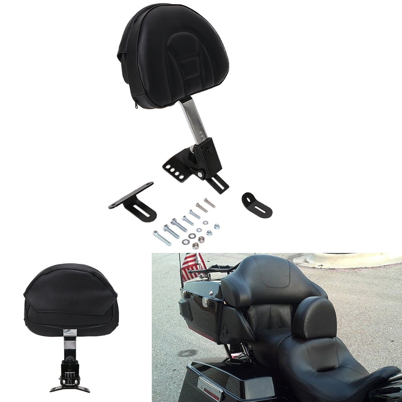 YC Motorcycle Adjustable Plug-In Rider Driver Backrest Leather Pad w/Pocket Chrome For 1997-2017 Harley Davidson Touring Models (Slotted Seat)