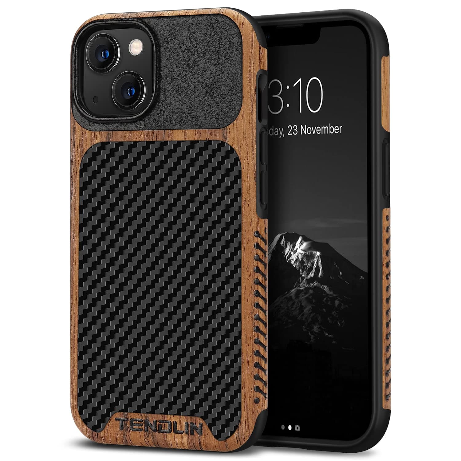 TENDLIN Compatible with iPhone 13 Mini ​Case Wood Grain with Carbon Fiber Texture Design Leather Hybrid Case Compatible for iPhone 13 Mini 5.4-inch Released in 2021 Black
