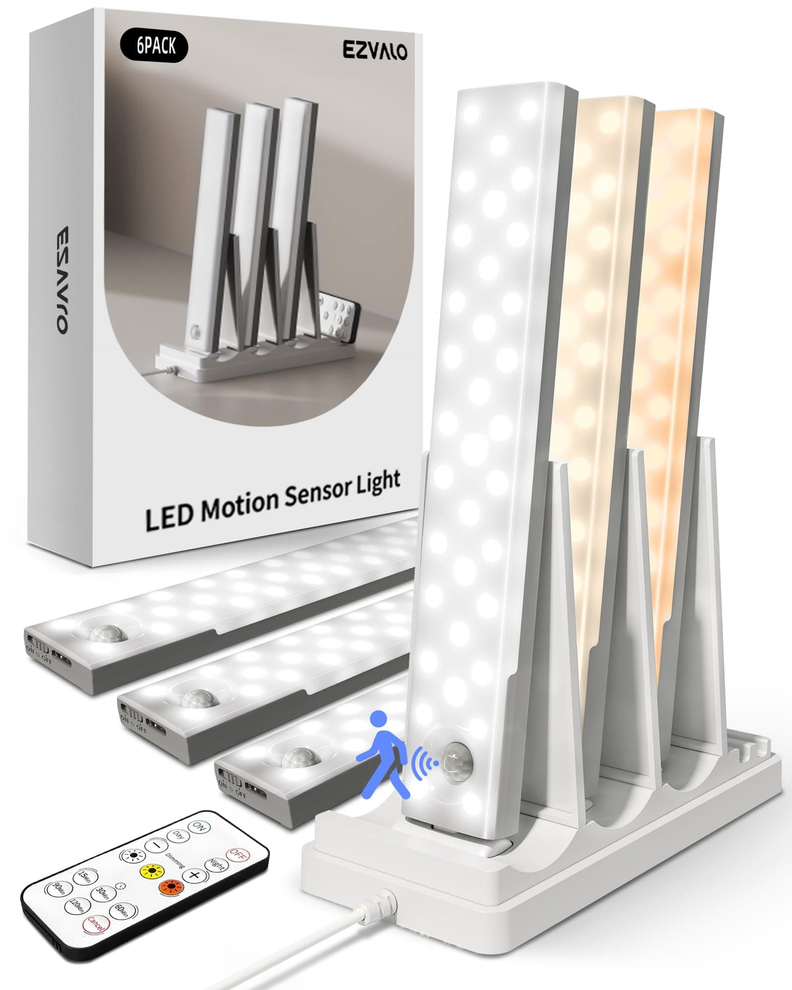 Under-Unit Light Kitchen LED (Pack of 6) with USB-C Charging Station - Cabinet Lighting 23 cm 62 LED, 1600 mAh, with 3 Colour Temperatures, Dimmable, Wireless and with Motion Sensor for