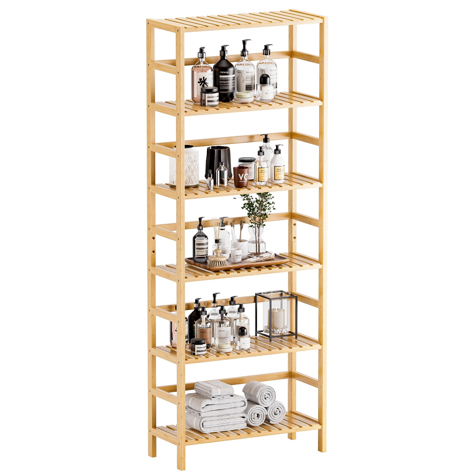 HITNET Bamboo Shelf, 6-Tier Adjustable Tall Open Bookcase, Bathroom Storage Rack Freestanding Shelving Unit, Plant Display Stand for Small Space, Natural