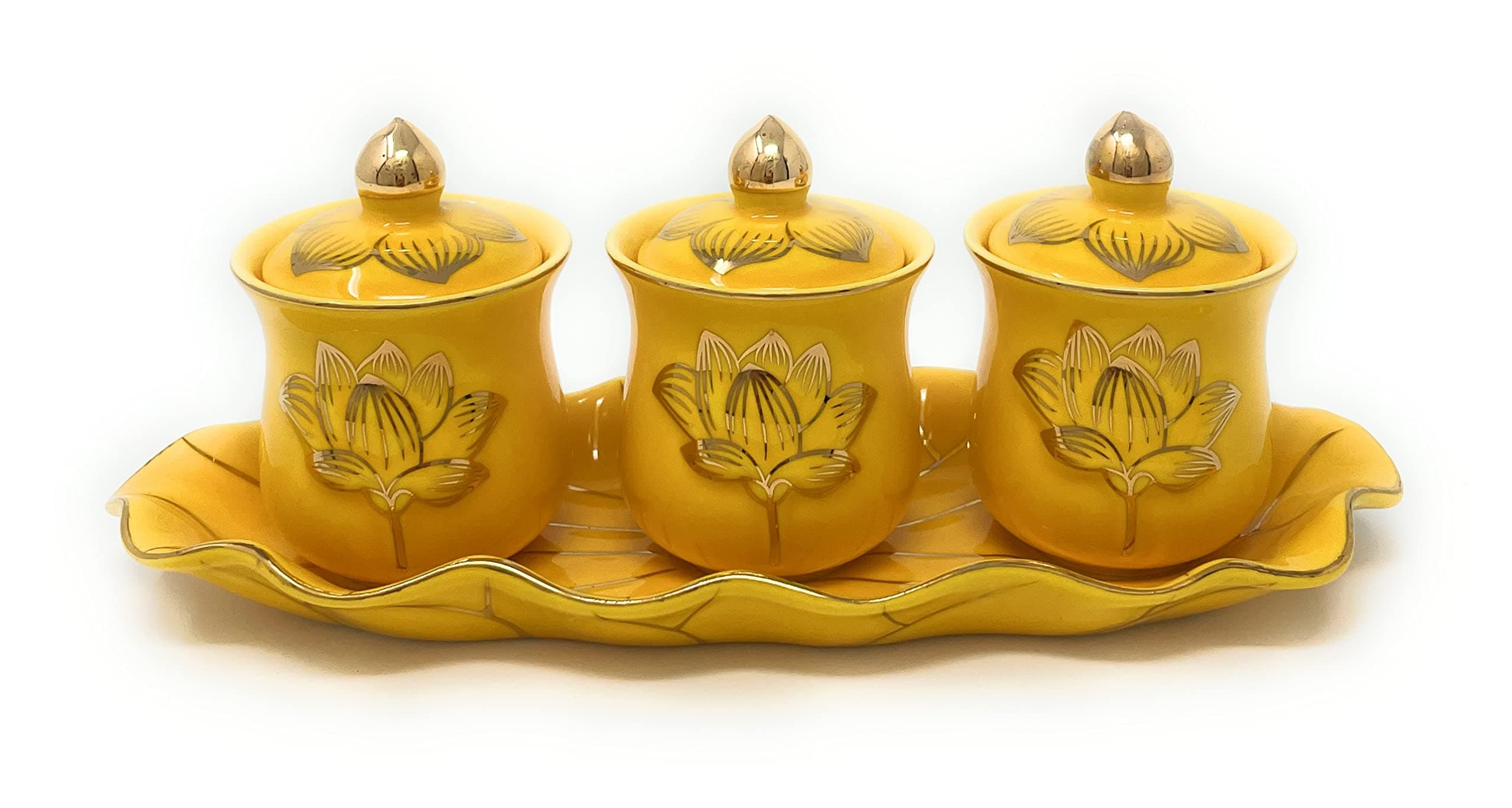 Houlu 3 Altar Cups Set, Ceramic Holy Water Offering Cup, Tibetan Buddhist Worship Cup (Yellow)